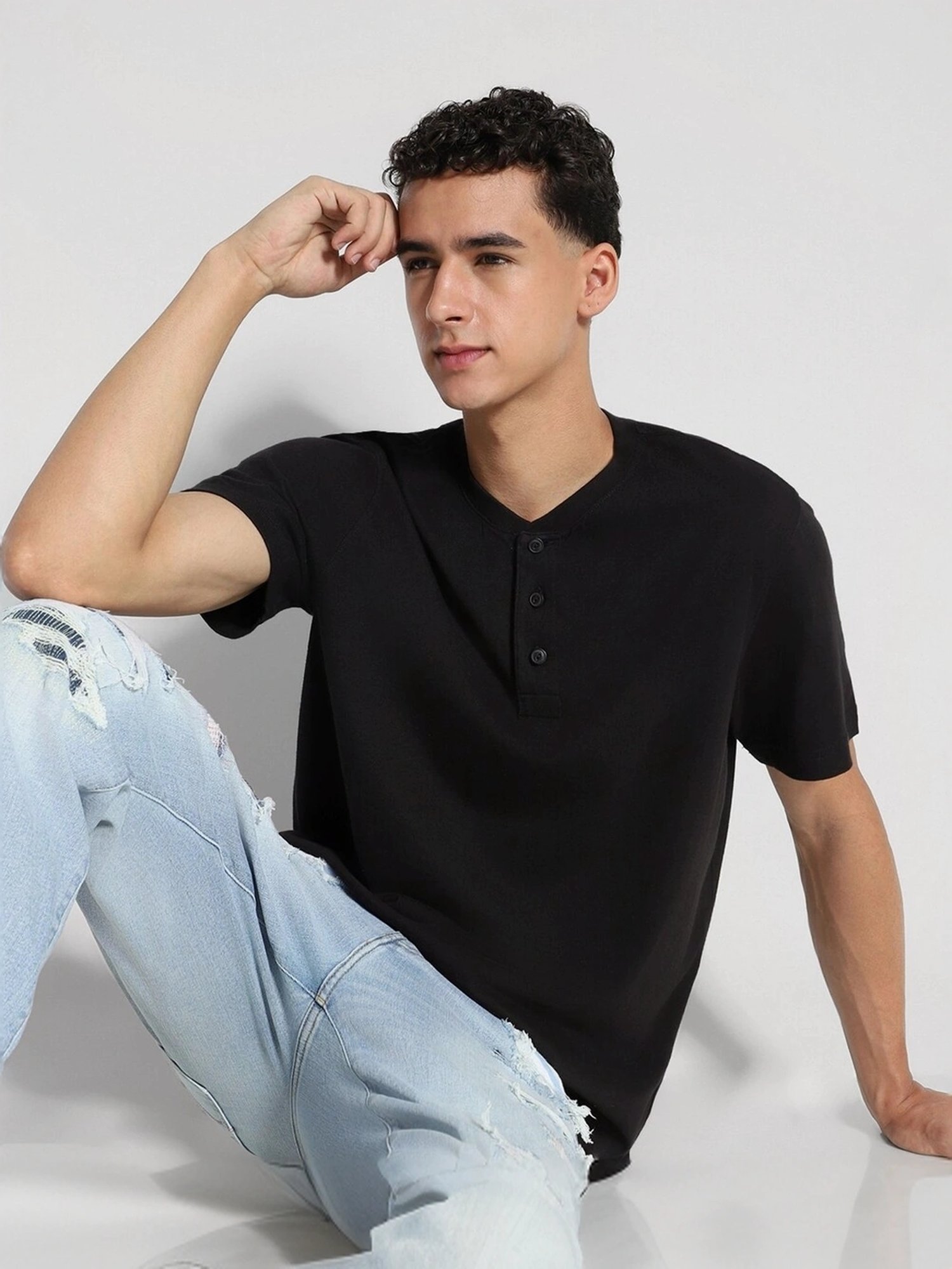 American Eagle Black Cotton Regular Fit Henley T-Shirt