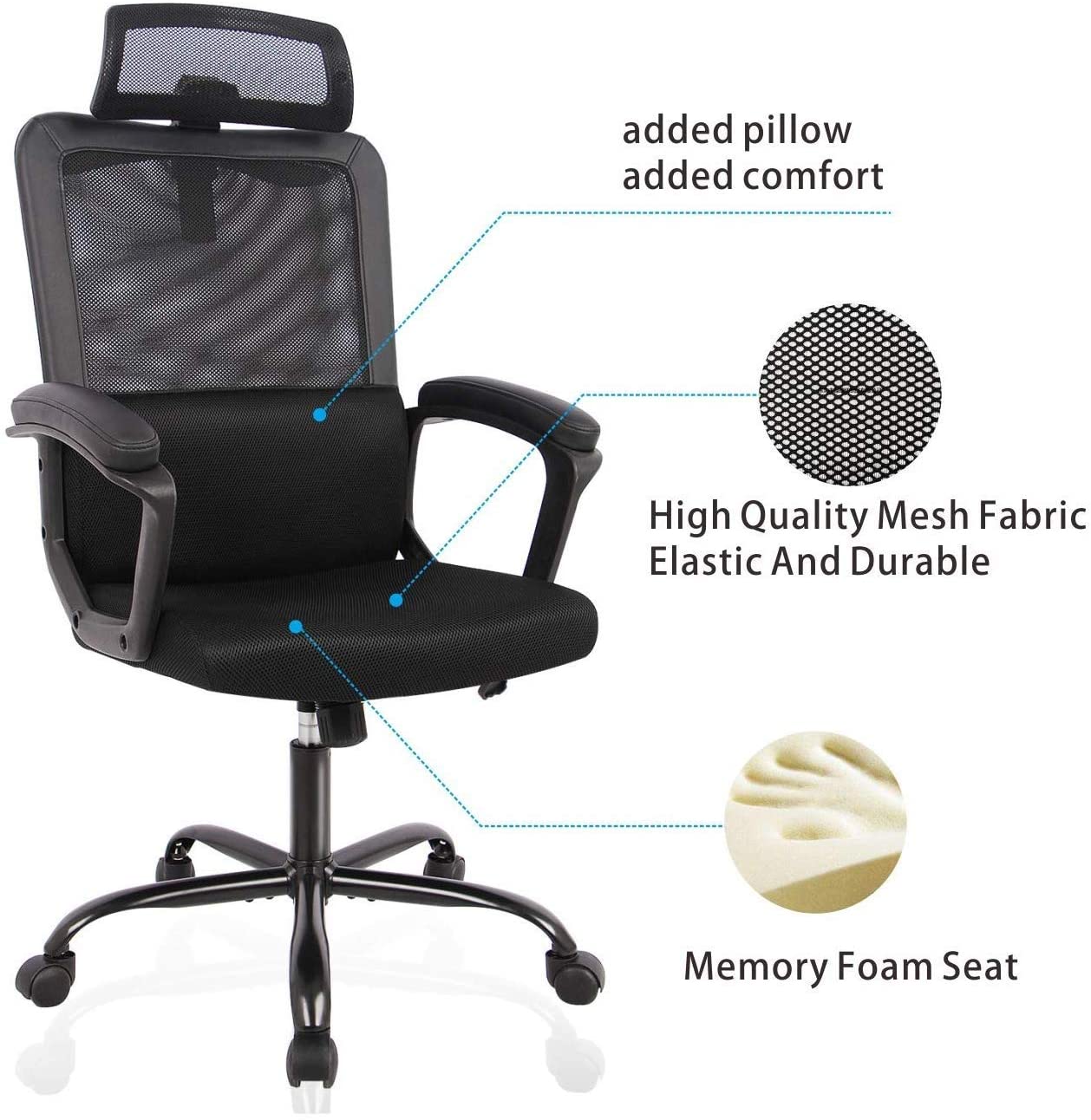 SMUGDESK Mesh chair Black Desk Chair Computer Office Chair,Ergonomic Office Desk Computer Chair Mesh Computer Chair with Adjustable Arms and Headrest Lumbar Support, Black