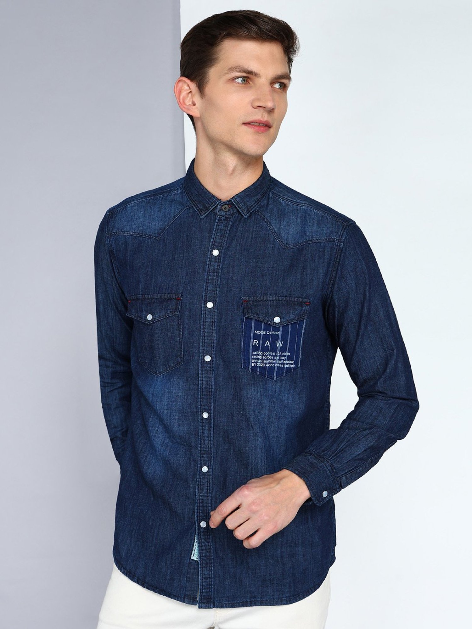Kuons Avenue Dark Blue Slim Fit Denim Shirt