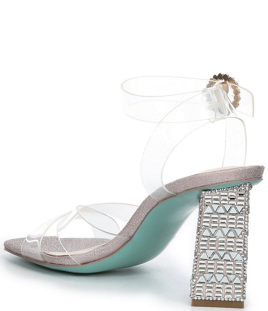 Blue by Betsey Johnson Bell Clear Vinyl Bling Buckle Block Heel Square Toe Sandals