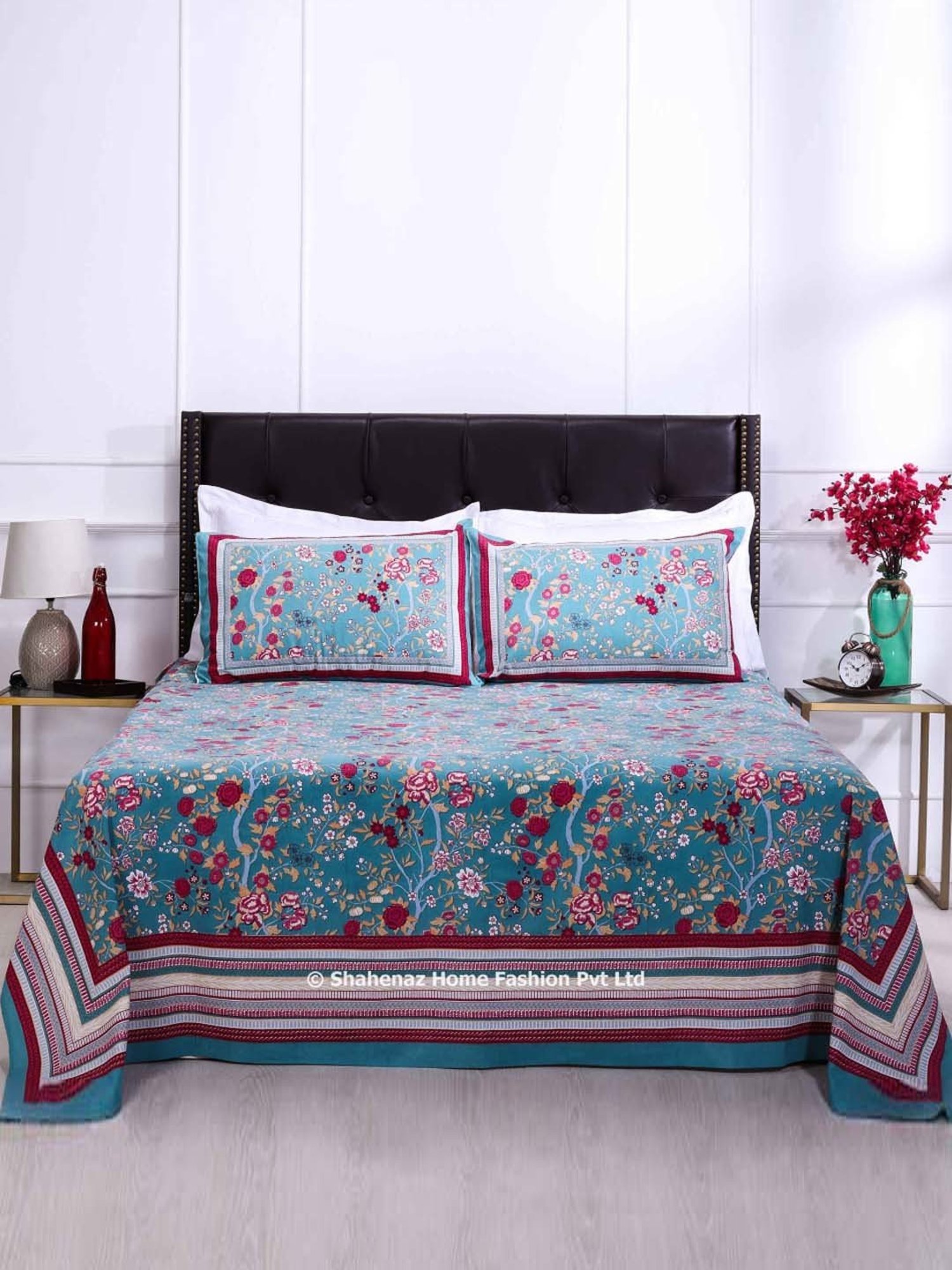 Shahenaz Green & Pink 120 TC Cotton Rama Kashvi Single Bedsheet with 1 Pillow Cover