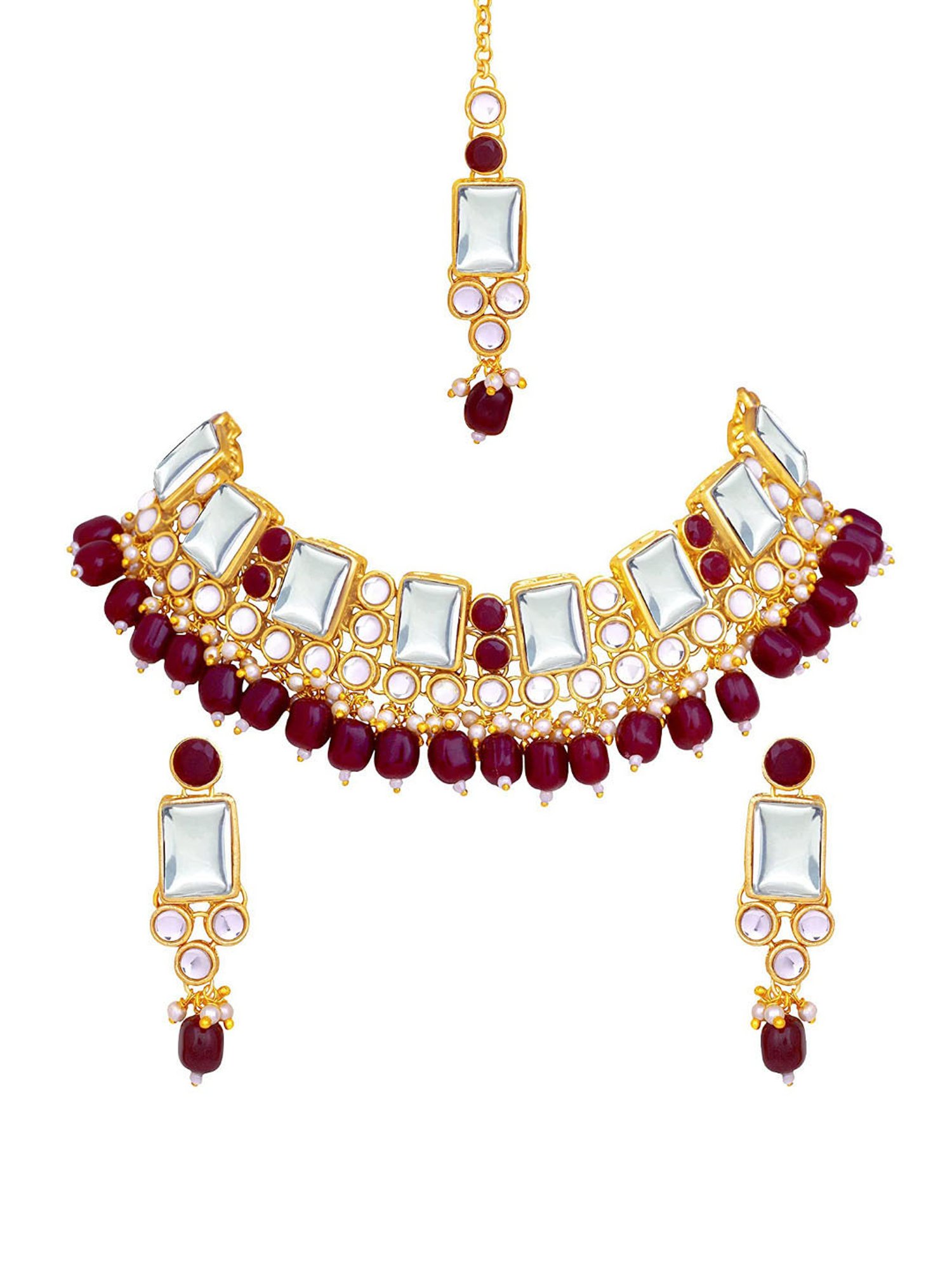 OOMPH Maroon Beads & Kundan Ethnic Choker Necklace Set with Drop Earrings & Maangtikka