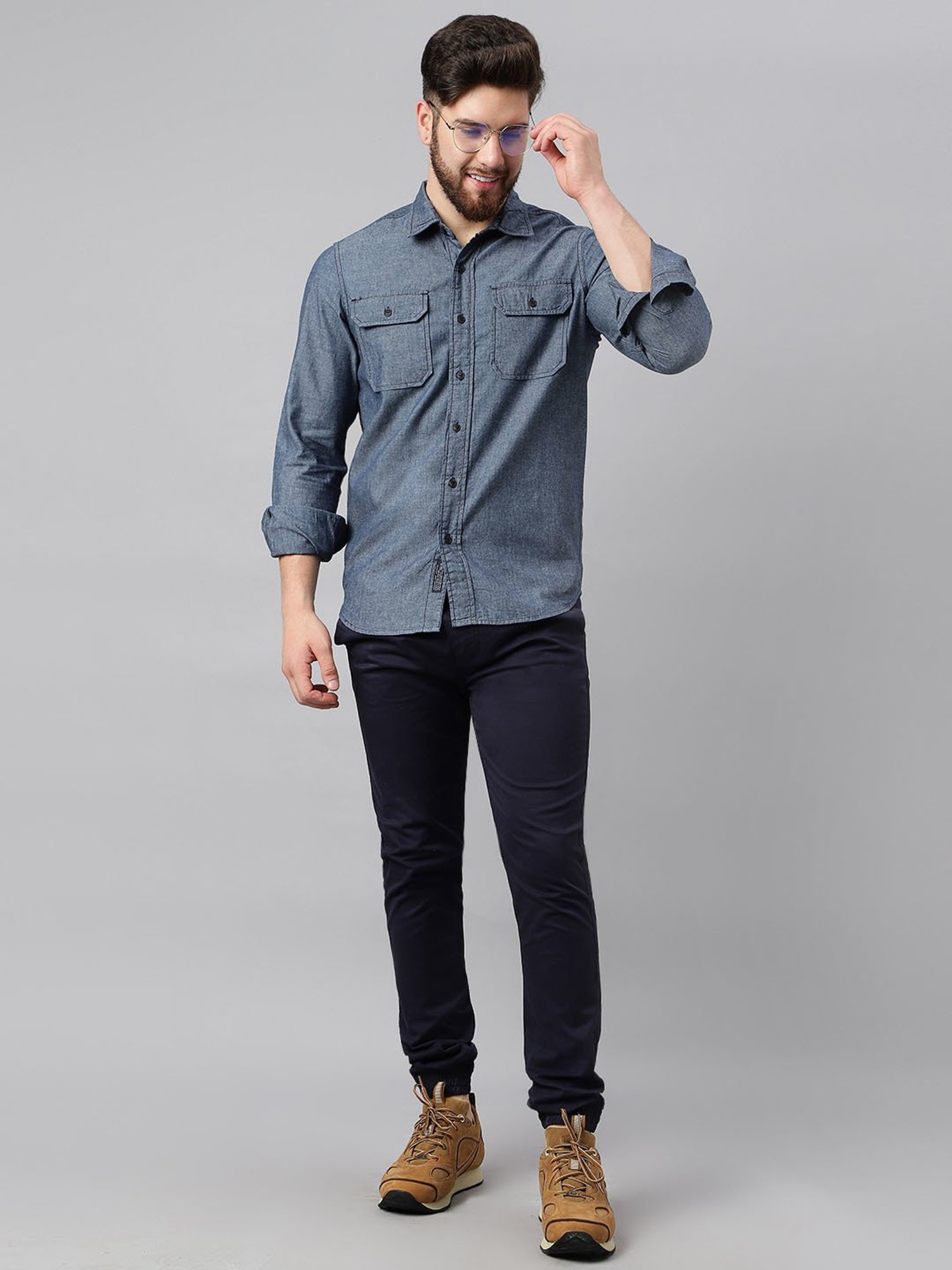 Woodland Blue Cotton Regular Fit Textured Shirt