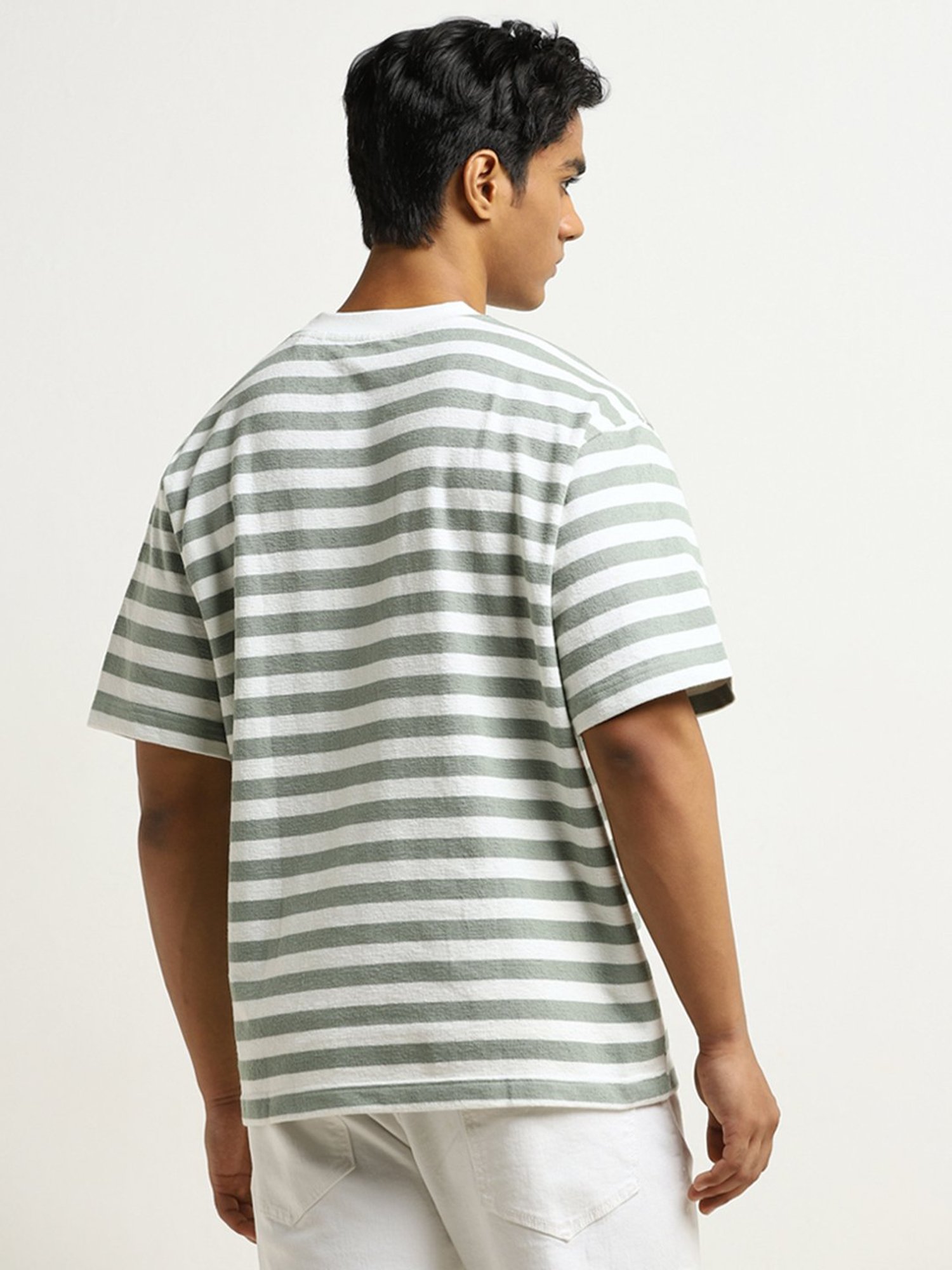 Nuon by Westside Sage Stripe Printed Relaxed-Fit Cotton T-Shirt