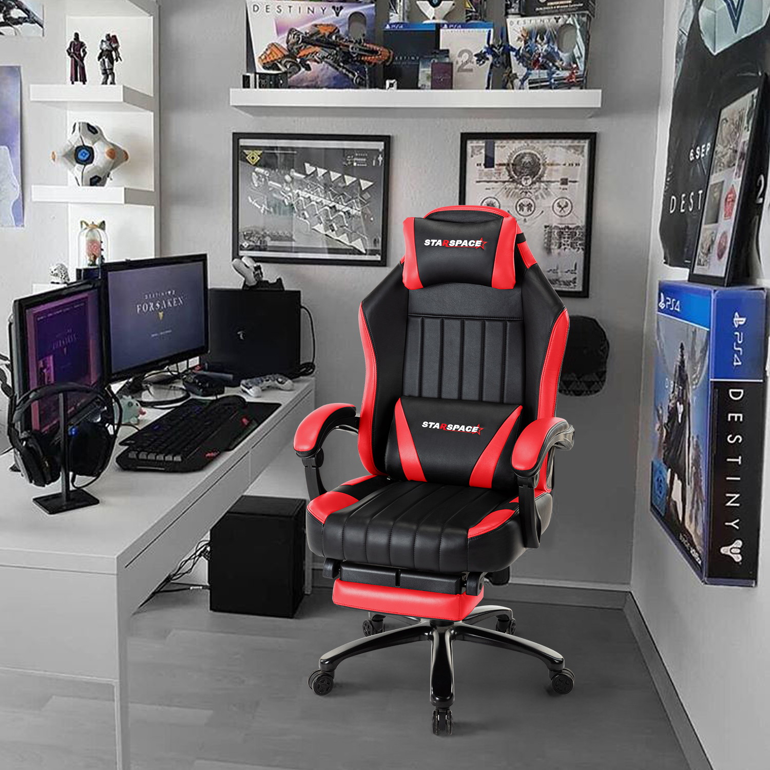 STRASPACE Big & Tall 400lb Memory Foam Reclining Gaming Chair Metal Base - Adjustable Back Angle and Retractable Footrest Ergonomic High-Back Leather Racing Executive Computer Desk Office Chair, Blue