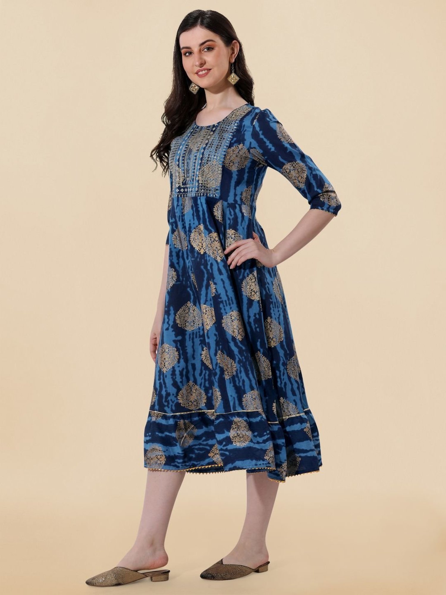 MIRCHI FASHION Blue Cotton Embroidered A-Line Dress