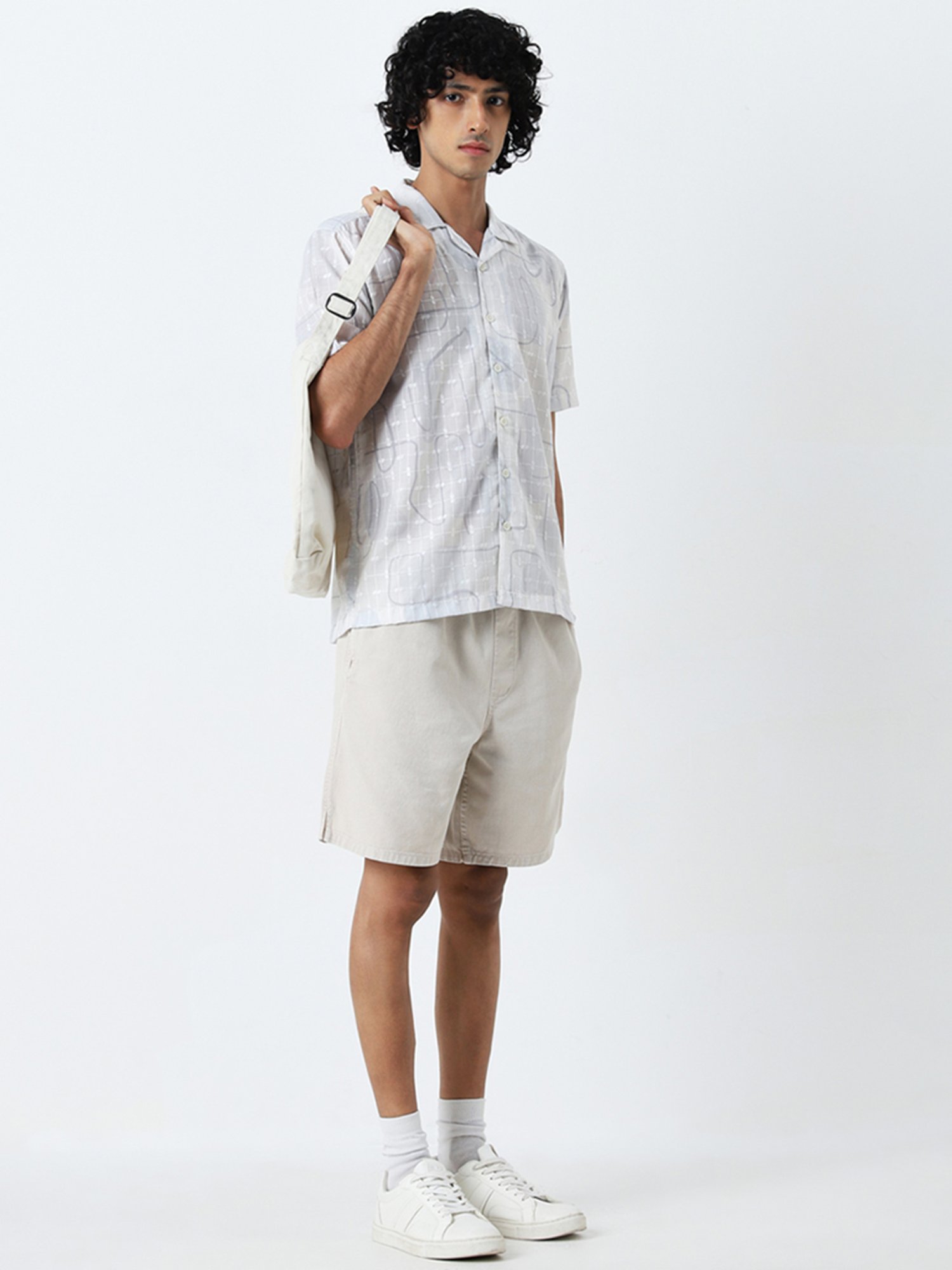 Nuon by Westside Light Beige Mid-Rise Relaxed-Fit Cotton Shorts