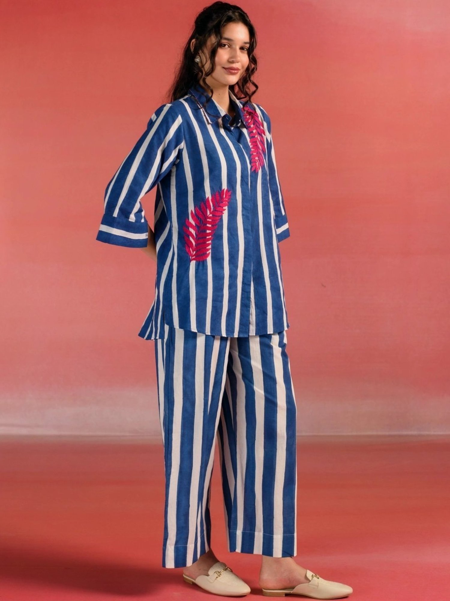 Kameez by Pooja Blue & White Stripes Cotton Shirt with Pant Co-ord Set