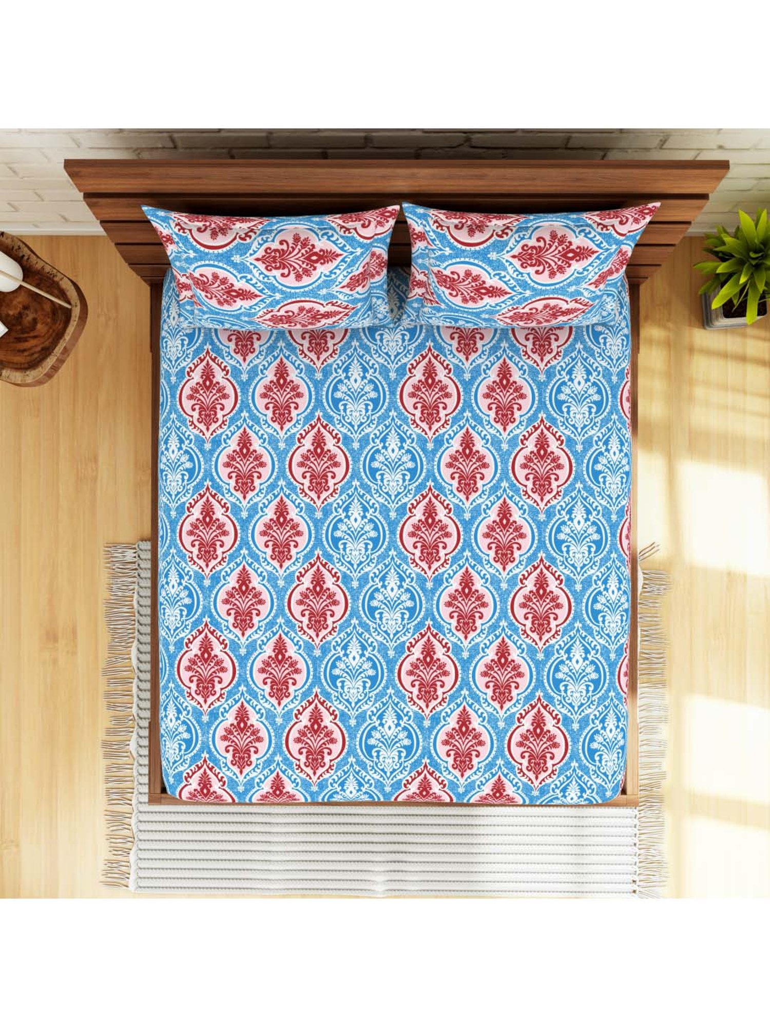 SWHF Blue & Pink Cotton 107 TC Double Bedsheet Sets