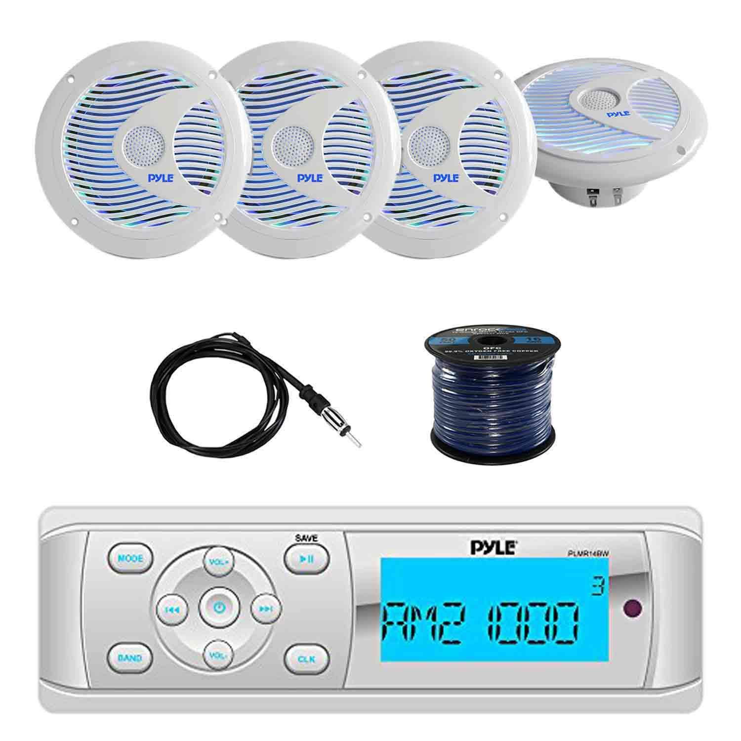 Pyle PLMR14BW Universal BT Marine Stereo Radio Receiver With Pyle PLMR6LEW 6.5" WP Marine SPKR w/Built-in Multi-Color LED Lights(2-Pairs), Enrock Marine Antenna & Enrock Marine 50' 16G SPKR Wire
