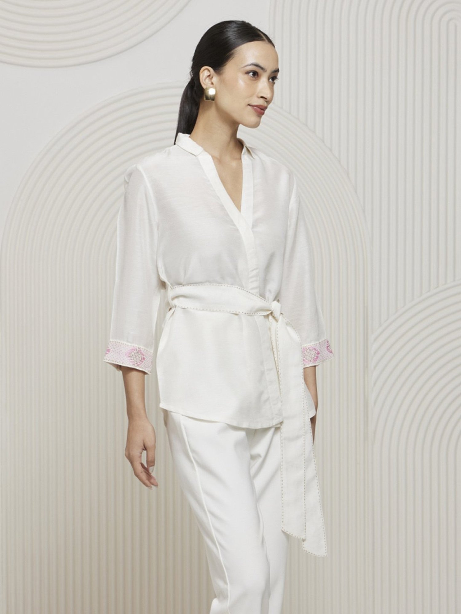 Artagai Off White Kantha Wrap Shirt with Tie Up and Kantha Detail At Cuff and Belt