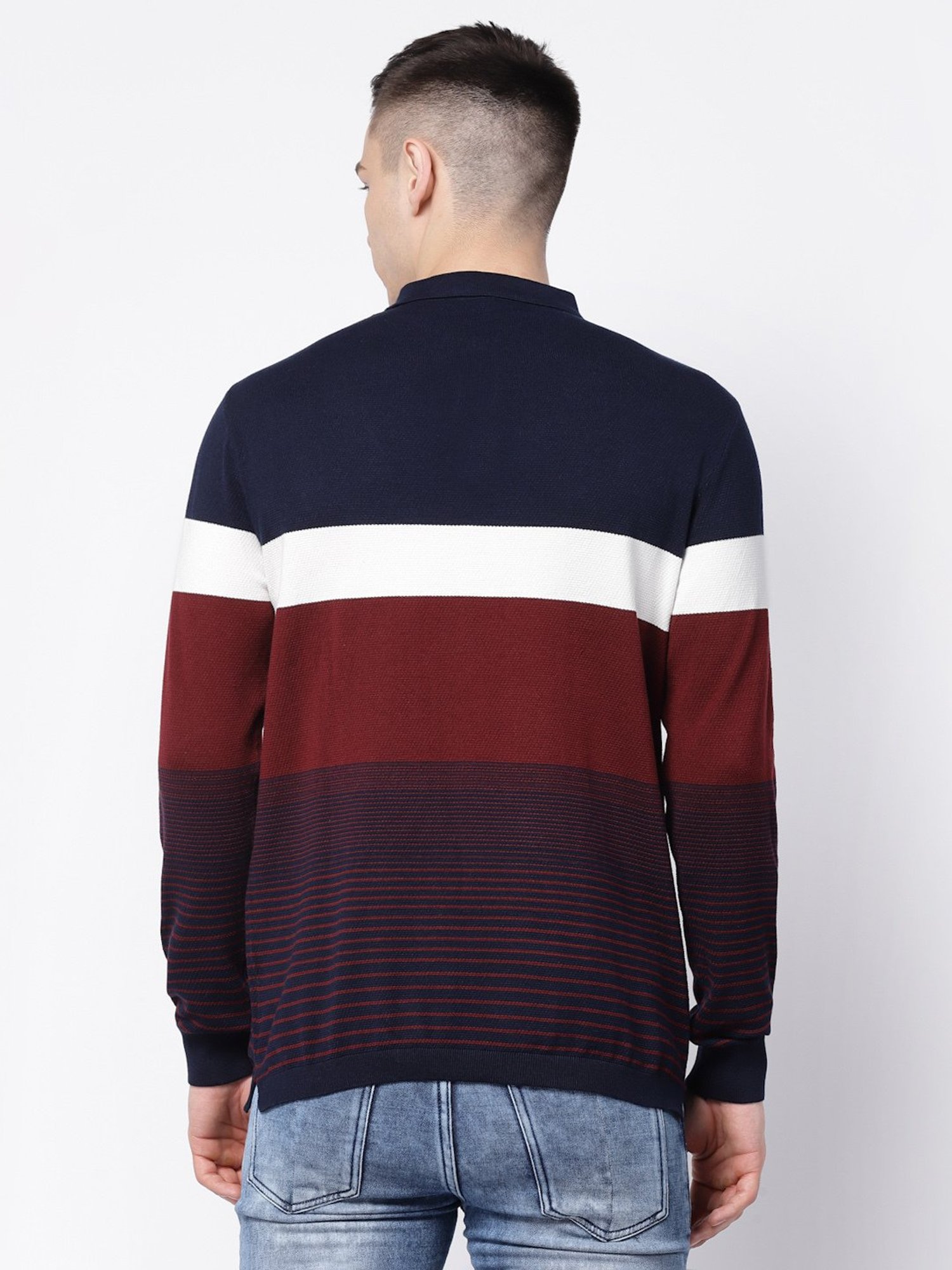 Kalt Navy & Maroon Regular Fit Striped Polo T-Shirt