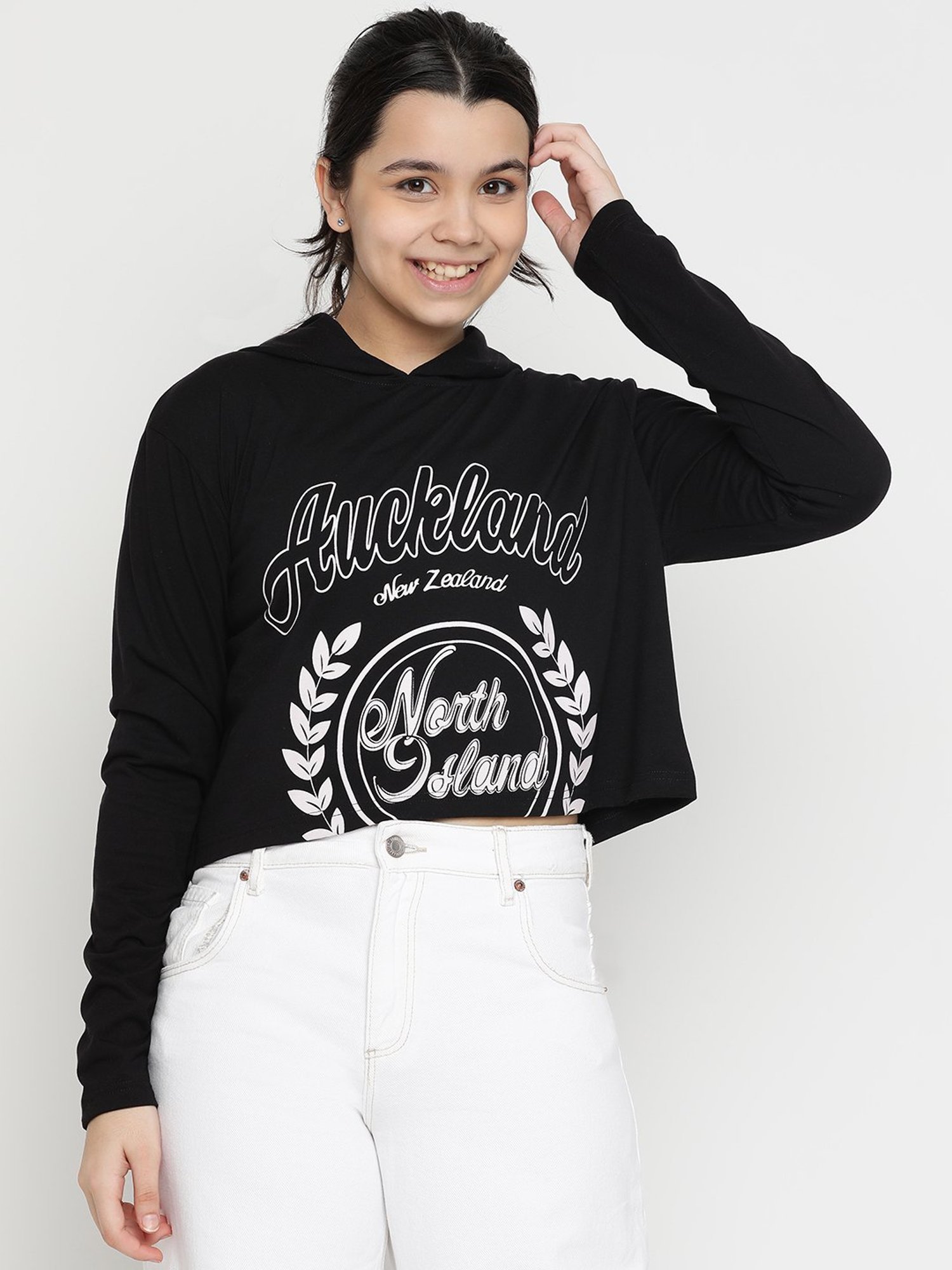 Lil Tomatoes Kids Black Graphic Print Full Sleeves Crop Top