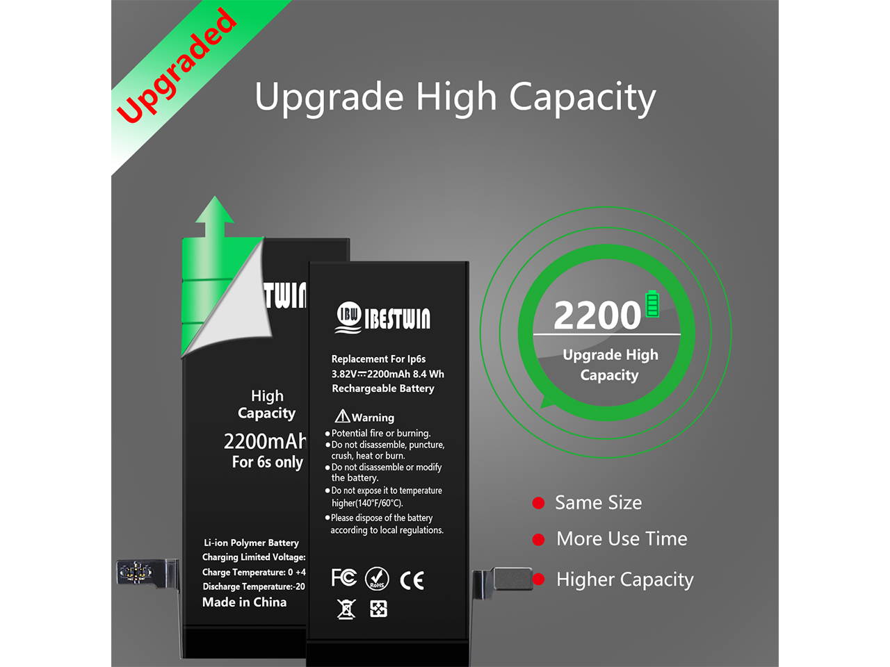 IBESTWIN 2200mAh Upgrade Replacement Battery for iPhone 6s with Tool kit Adhesive and Instruction, High Capacity Battery 0 Cycle-3 Years Warranty