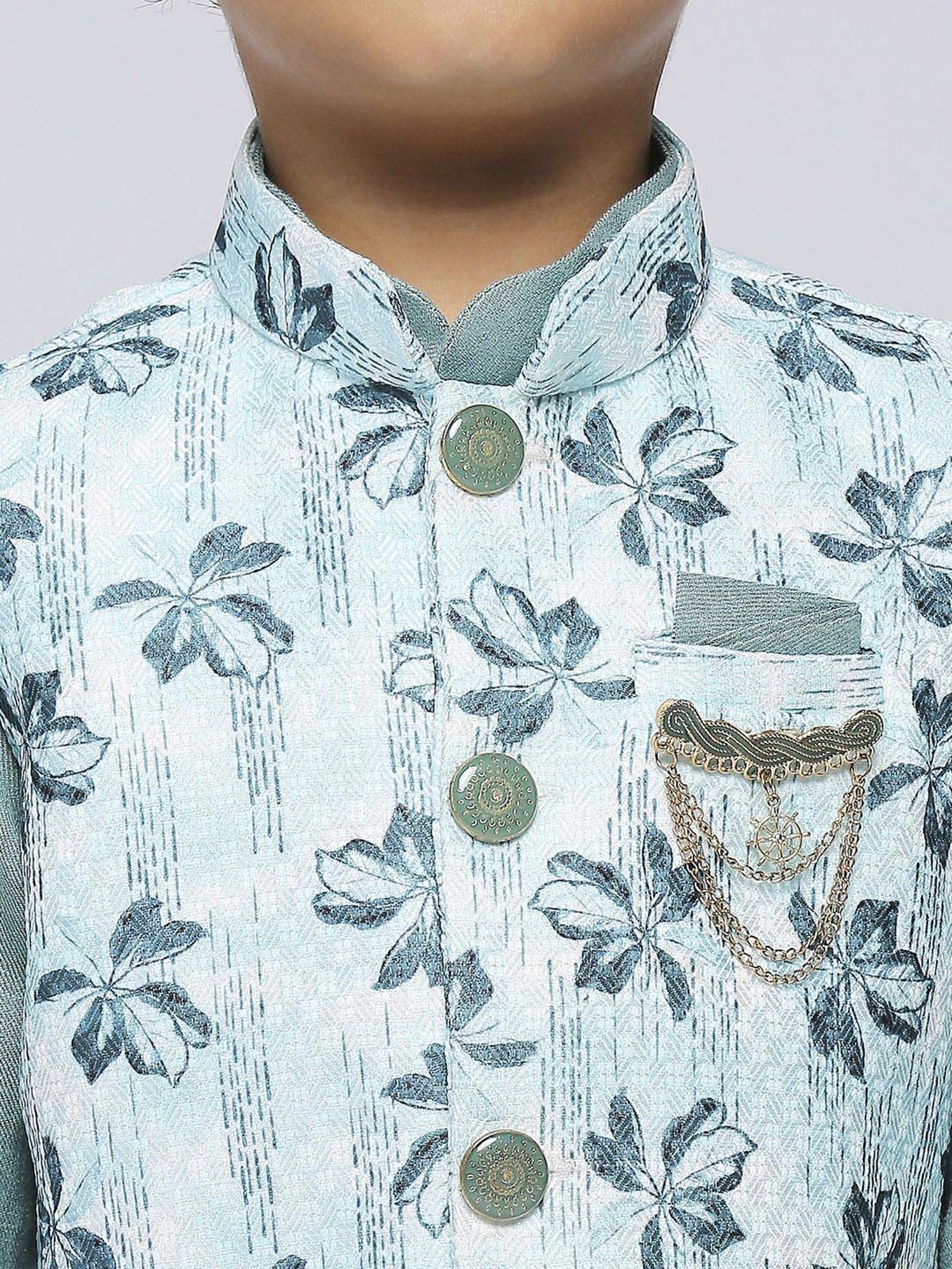 Kids Island Boys Green Jacquard Full Sleeves Kurta Set