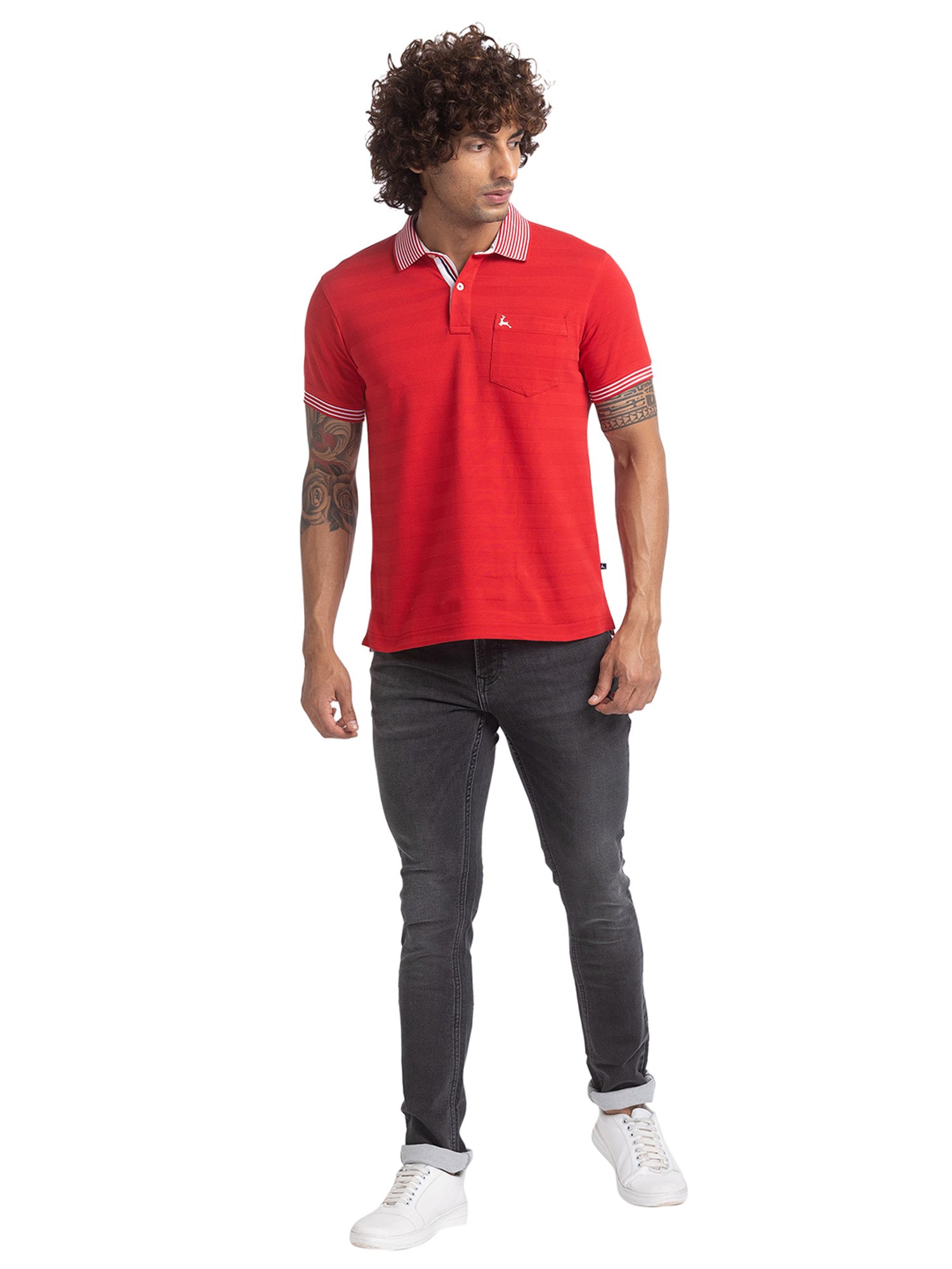 Parx Red Regular Fit Self Design Polo T-Shirt