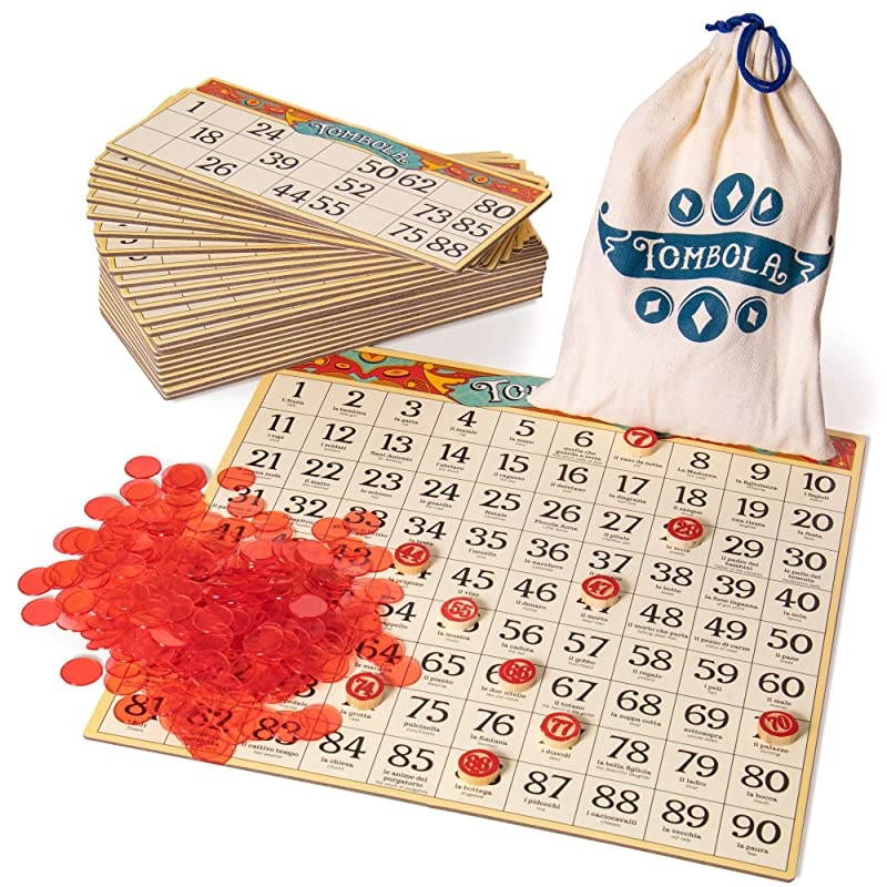 Bingo Board Game | The Italian Game of Chance for Family Friends and Large Parties Up to 24 Players | Includes Calling Board 90 Tombolini Tiles 24 DoubleSided Cards and 360 Chips