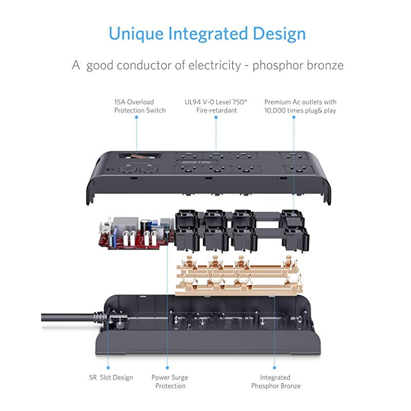 8Outlet Surge Protector Power Strip with 4 USB Charging Ports and 6Foot Heavy Duty Extension Cord 600 Joule ETL Listed