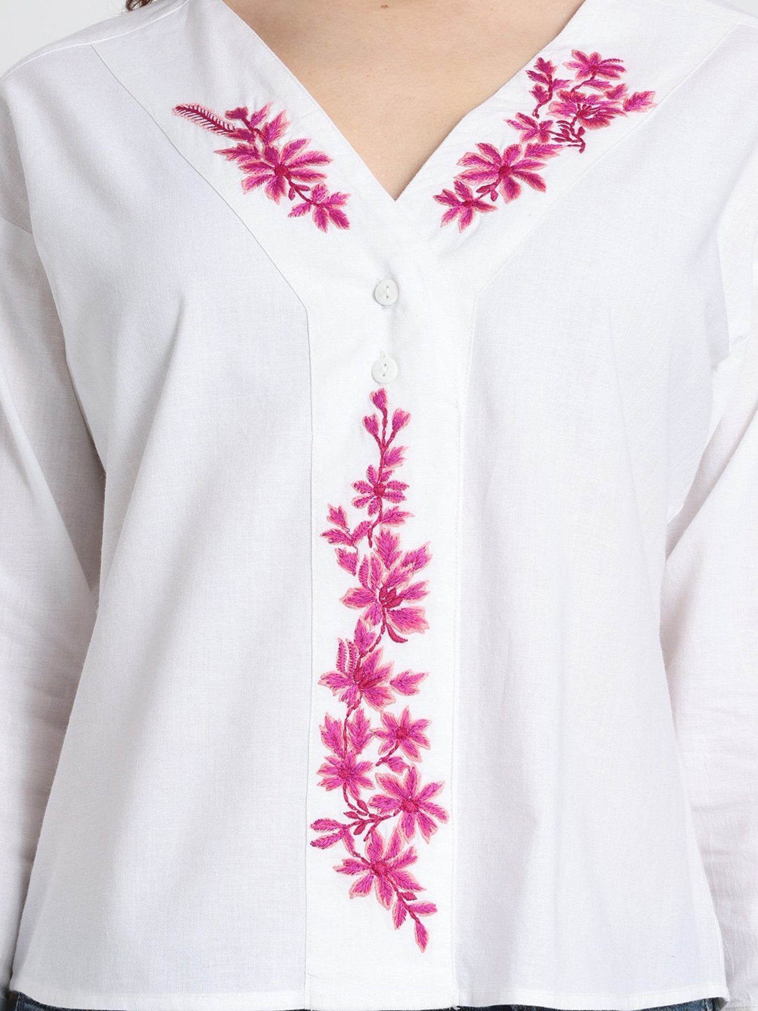 SHAYE White & Pink Cotton Embroidered Top