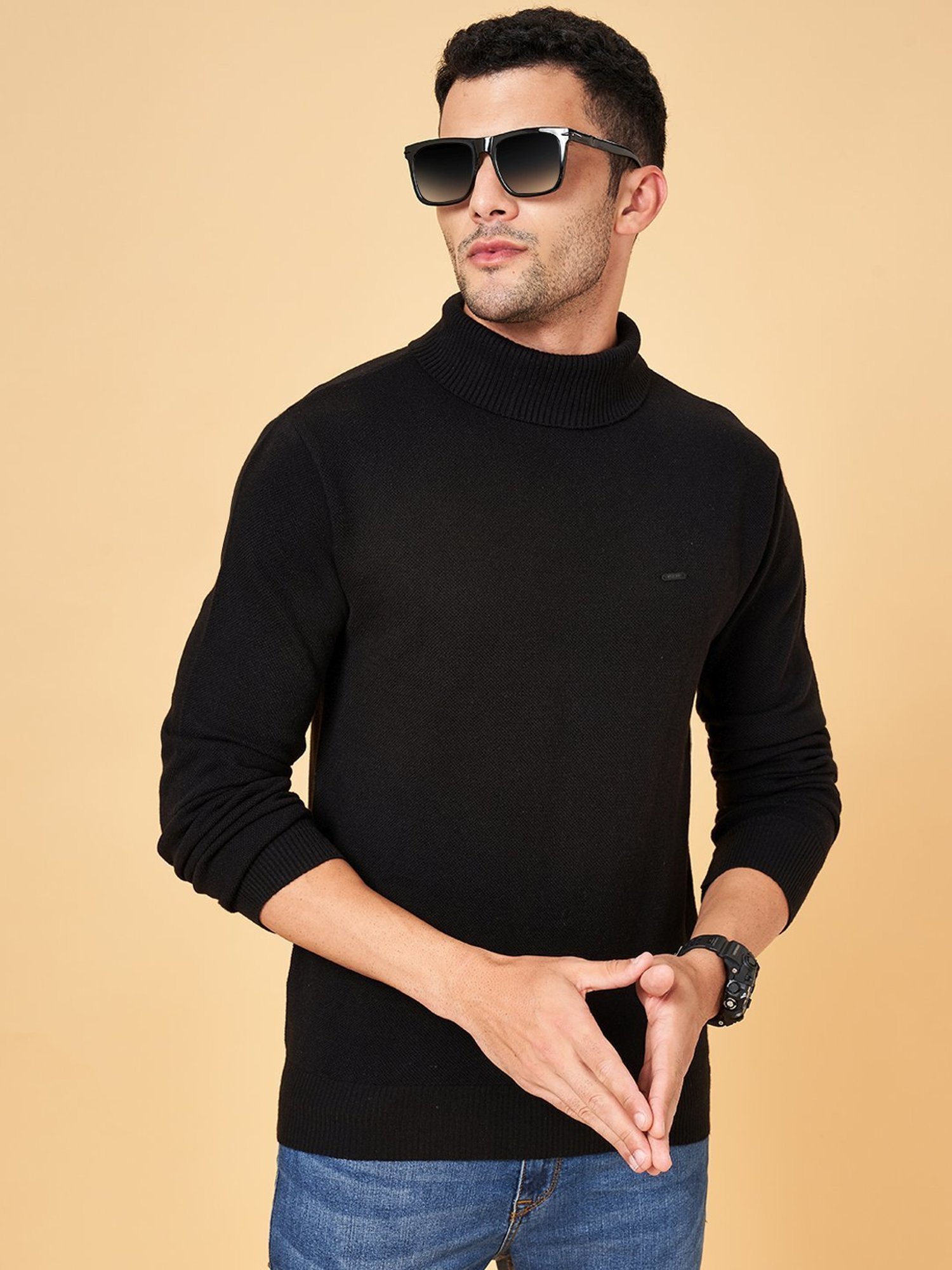 Byford by Pantaloons Black Slim Fit Self Pattern Sweater