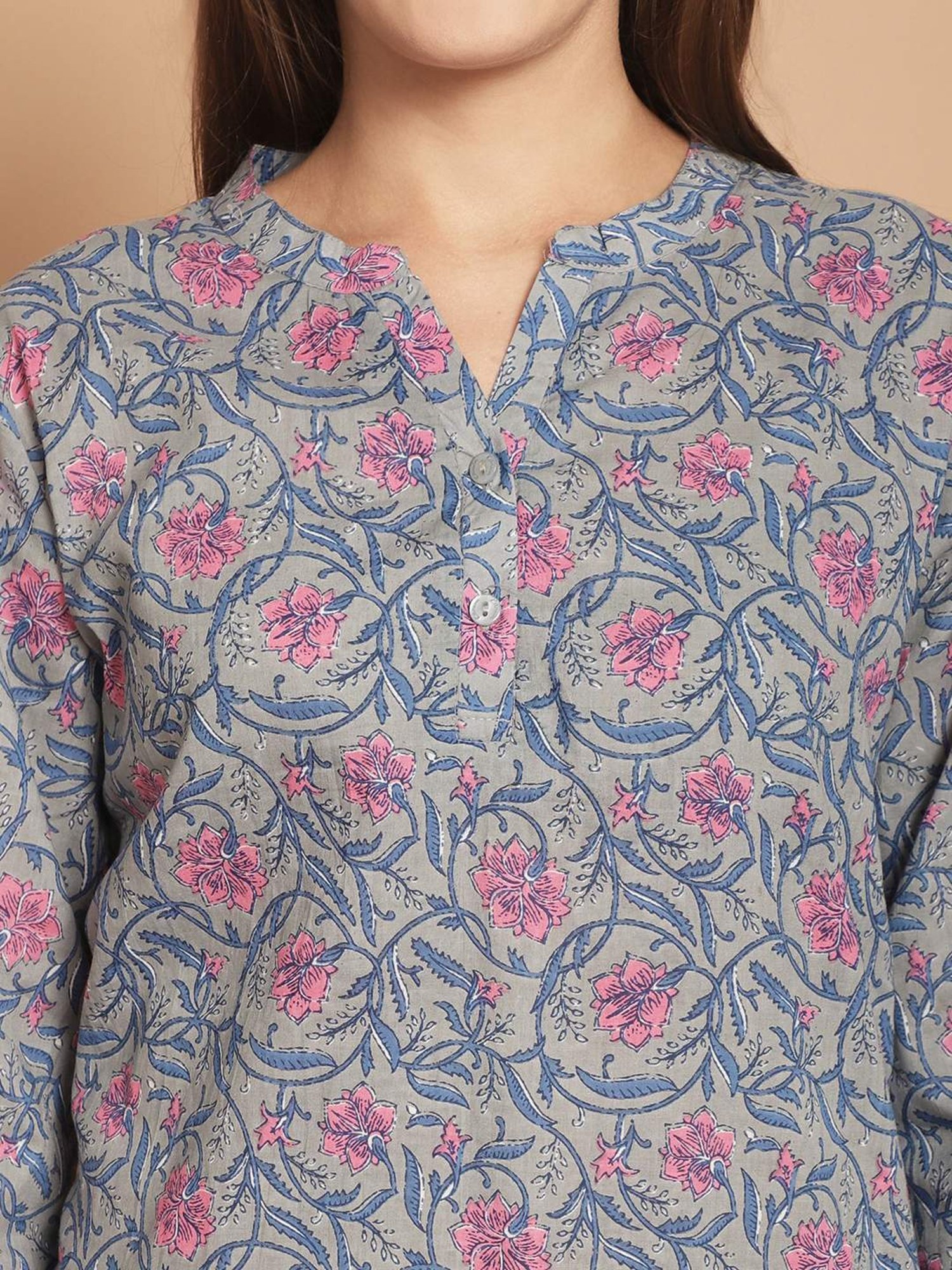 Kanvin Grey Cotton Printed Tunic Pyjamas Set