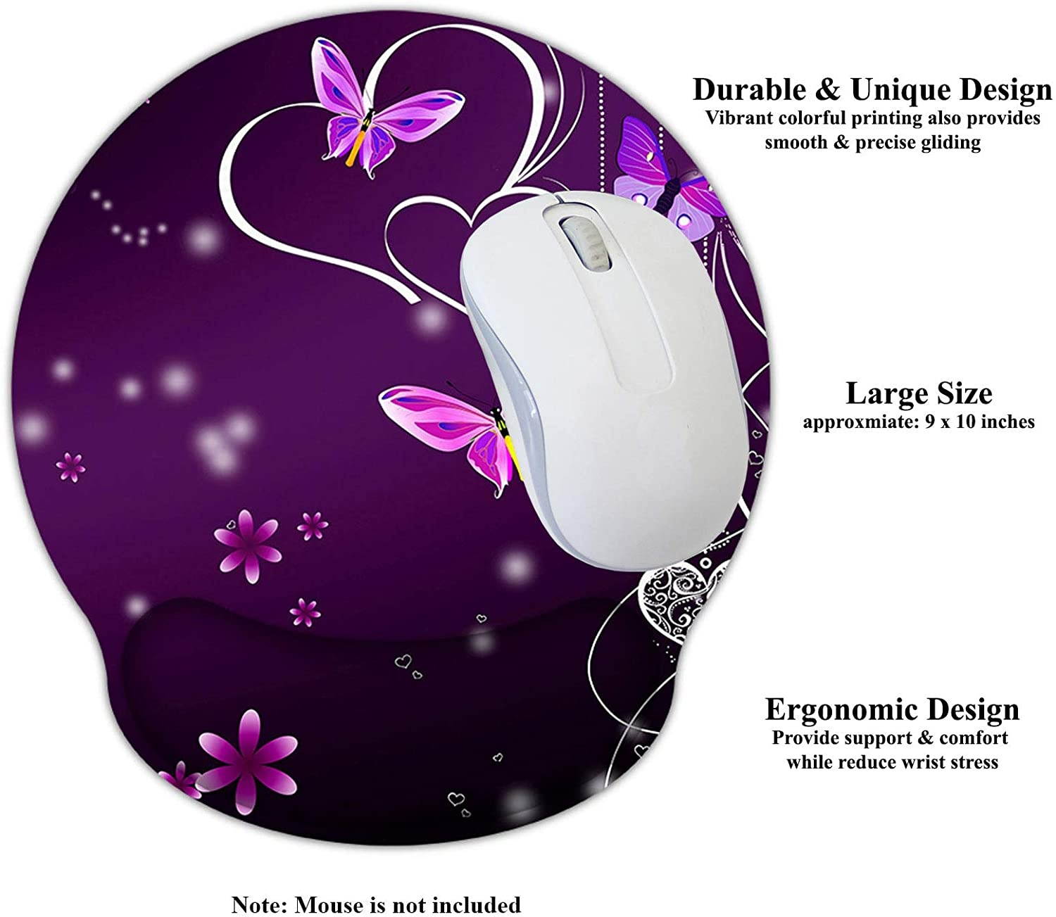 Meffort Inc Mouse Pad with Wrist Rest Support & Non-Slip Base, Durable Ergonomic Gaming Mousepad - Purple Hearts Butterflies