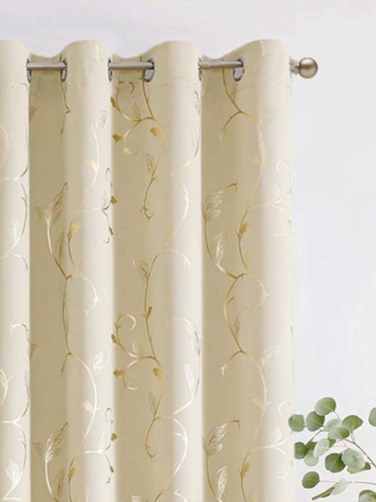 Urban Space Gold Leaf Beige Polyester Printed Black Out Window Curtain
