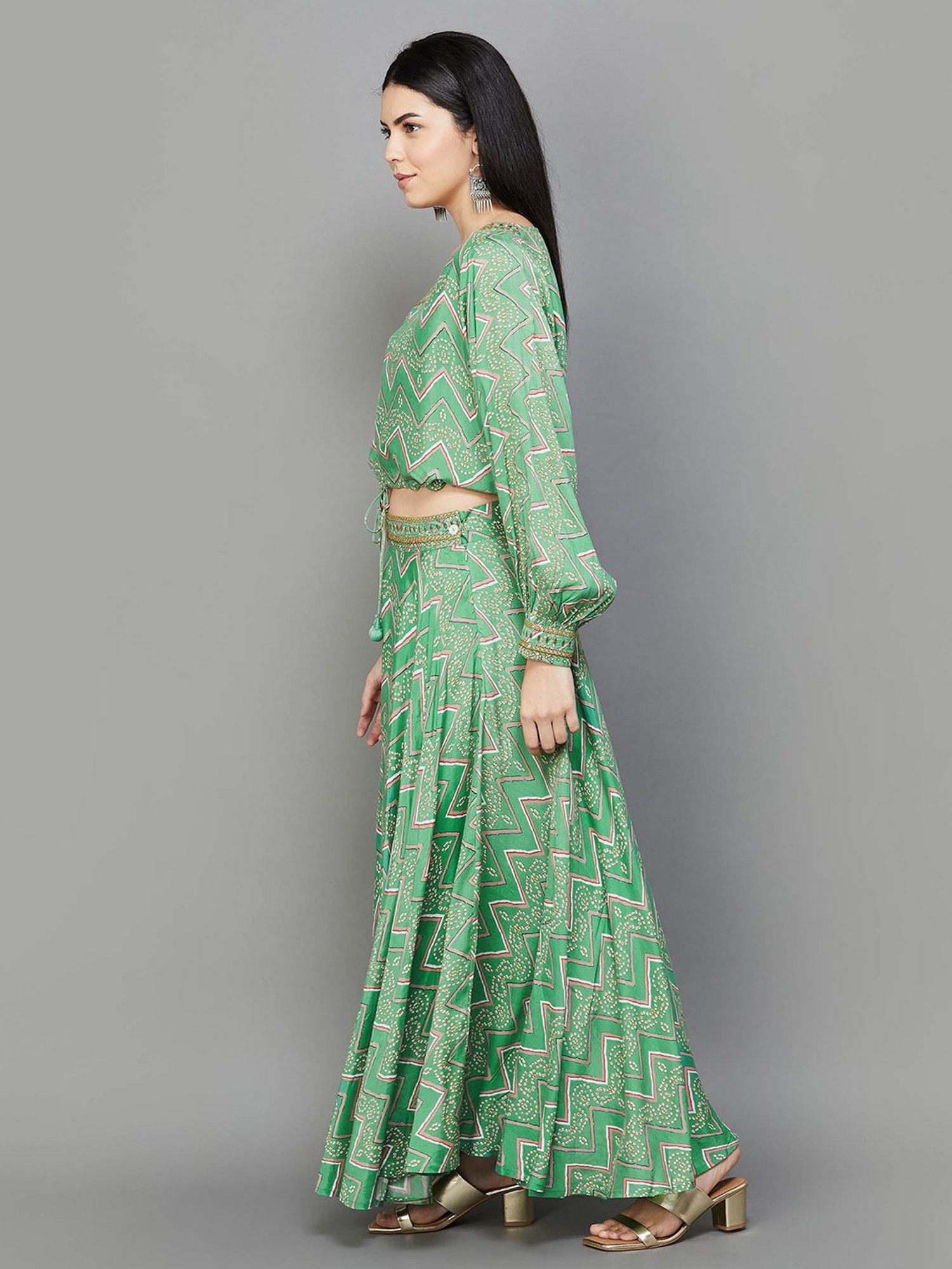Melange by Lifestyle Green Printed Top Skirt Set
