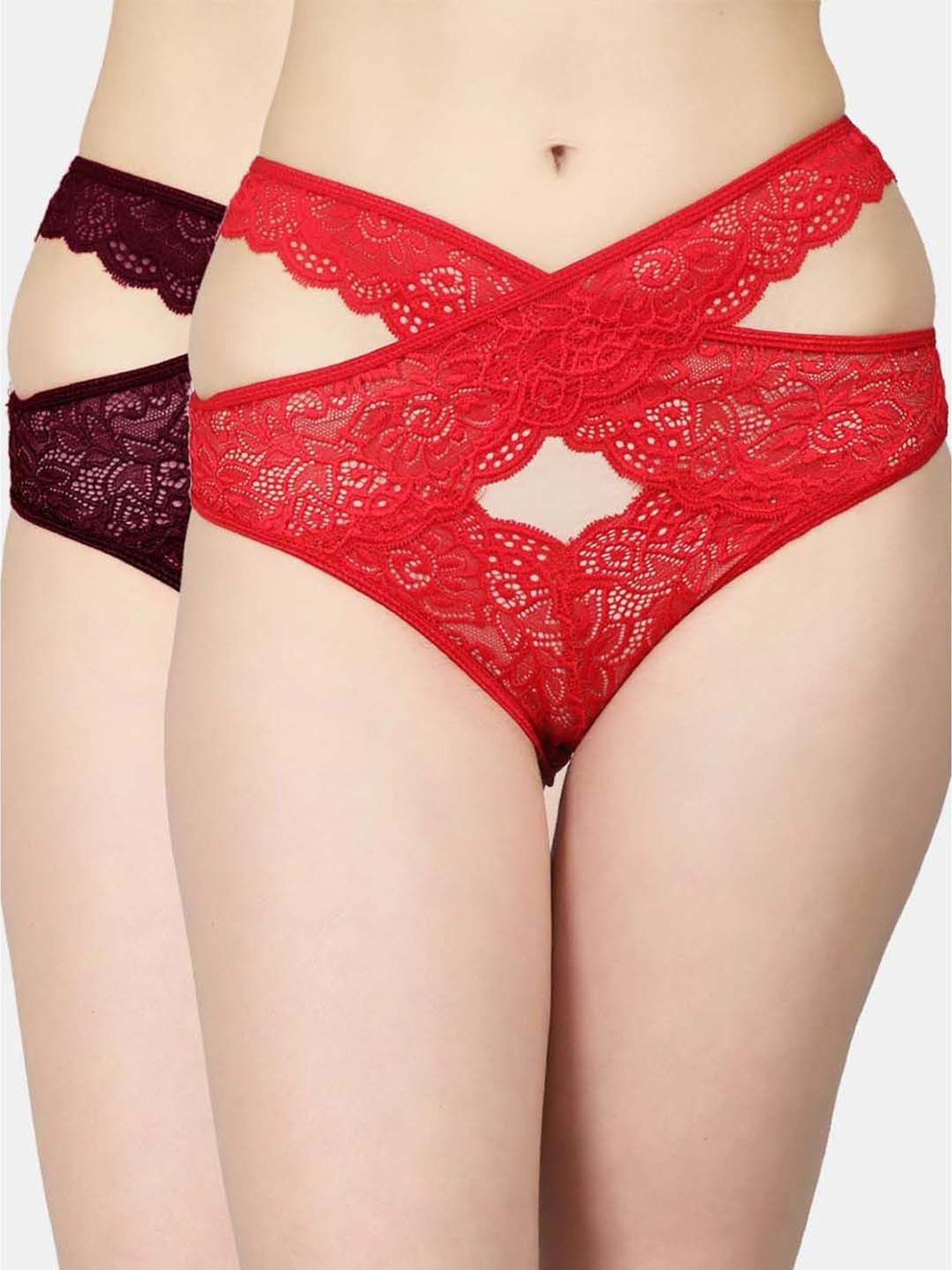 N-Gal Red & Maroon Lace Work Panties - Pack Of 2