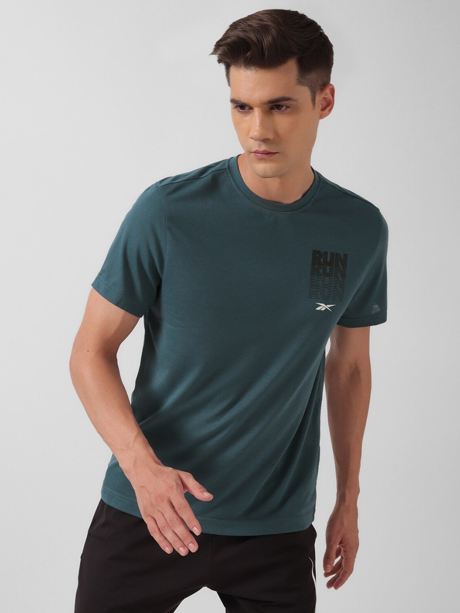Reebok Teal Green Regular Fit Printed Sports T-Shirt
