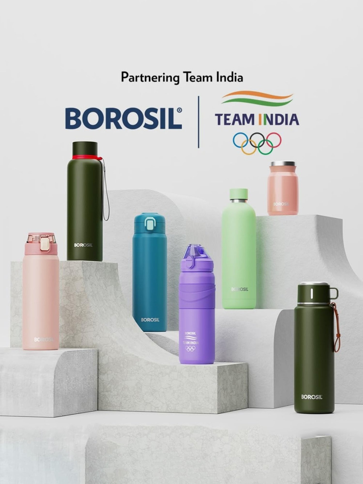 Borosil Water Bottle with Leak-Proof Set of 2 (Silver, 950 ml)
