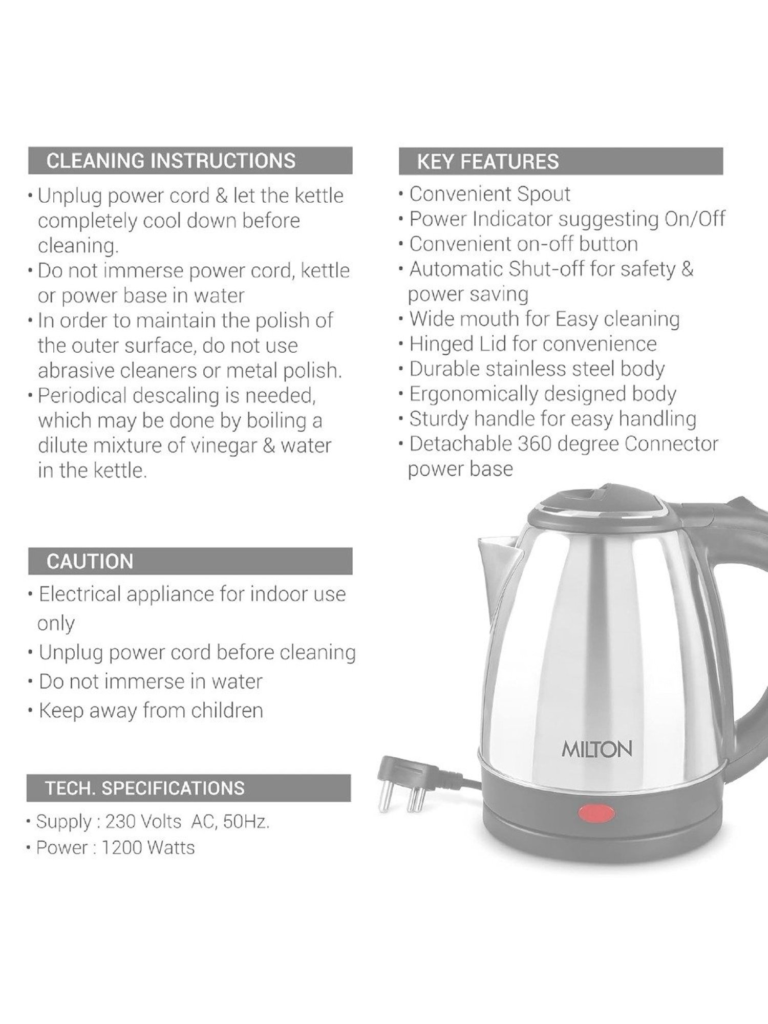 Milton Euroline Go Electro 1.2 Stainless Steel Electric Kettle 1500W with Power Indicator (Silver)