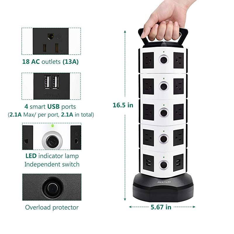 Power Strip Tower  Surge Protector Electric Charging Station 3000W 13A 18 AC Outlets 4 USB Ports with 16AWG 6.5ft Heavy Duty Extension Cord for Home Office