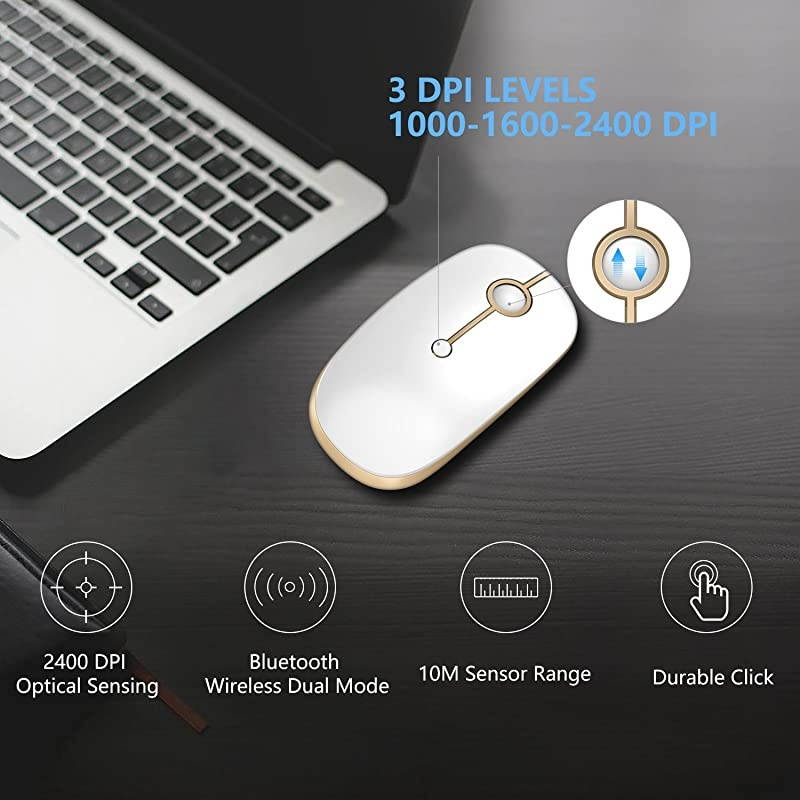 2.4GHz Wireless Bluetooth Mouse,  Dual Mode Slim Wireless Mouse with 2400 DPI Compatible for PC, Laptop, Mac, Android, Windows (White and Gold)