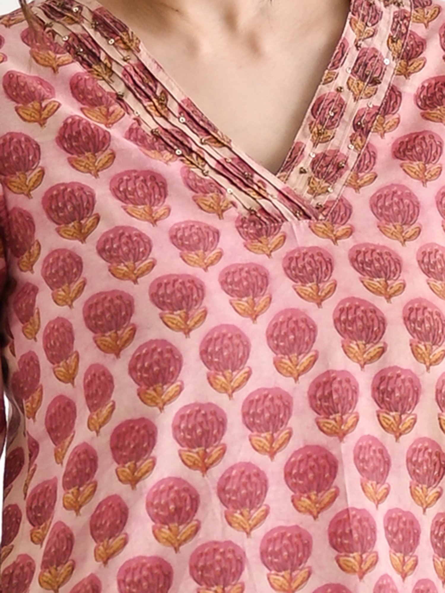 Rustorange Pink Cotton Floral Print A Line Short Kurti