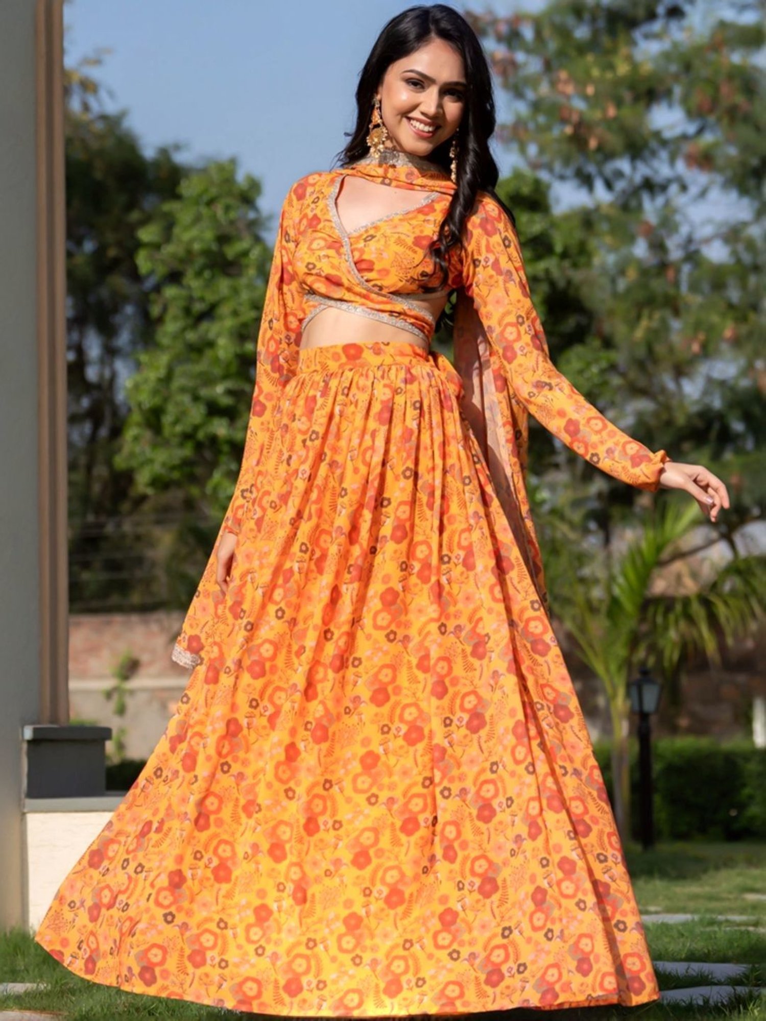 HOUSE OF JAMOTI Mustard Printed Lehenga Choli Set With Dupatta