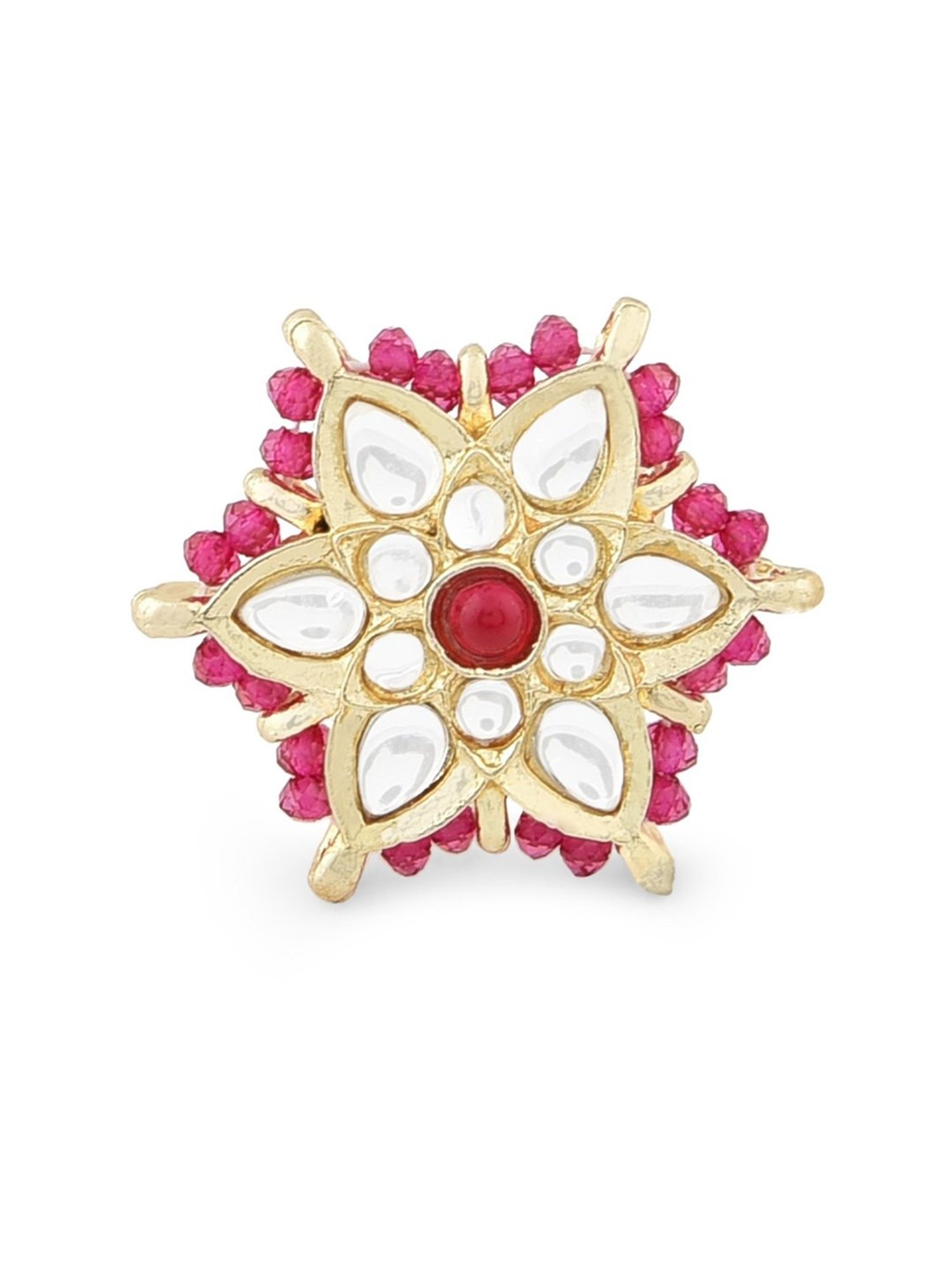 Zaveri Pearls Pink Crystal Beaded Ethnic Kundan Necklace, Earring & Ring Set