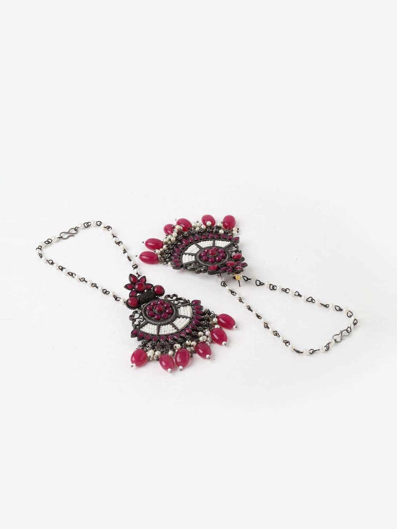Panash Oxidised Silver-Toned & Pink Crescent Shaped Dangler Earrings