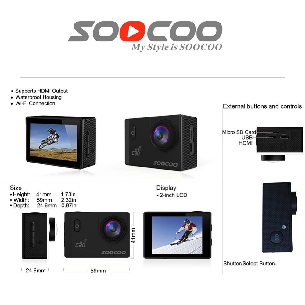 SOOCOO C30 NTK96660 4K Wifi Action Camera Gyro Diving 20MP 1080P/60FPS Full HD Waterproof Action Cam