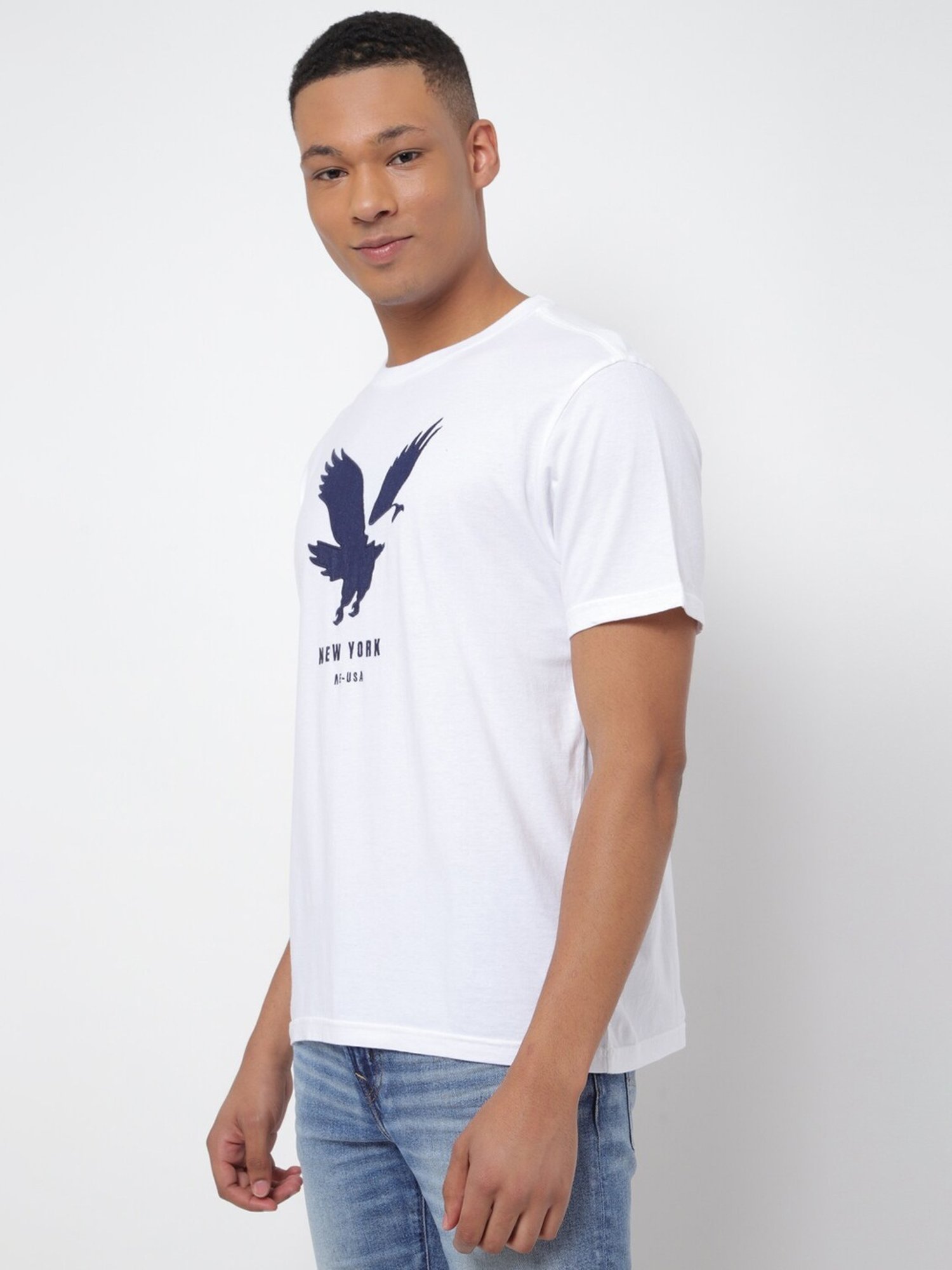 American Eagle White Cotton Regular Fit Printed T-Shirt