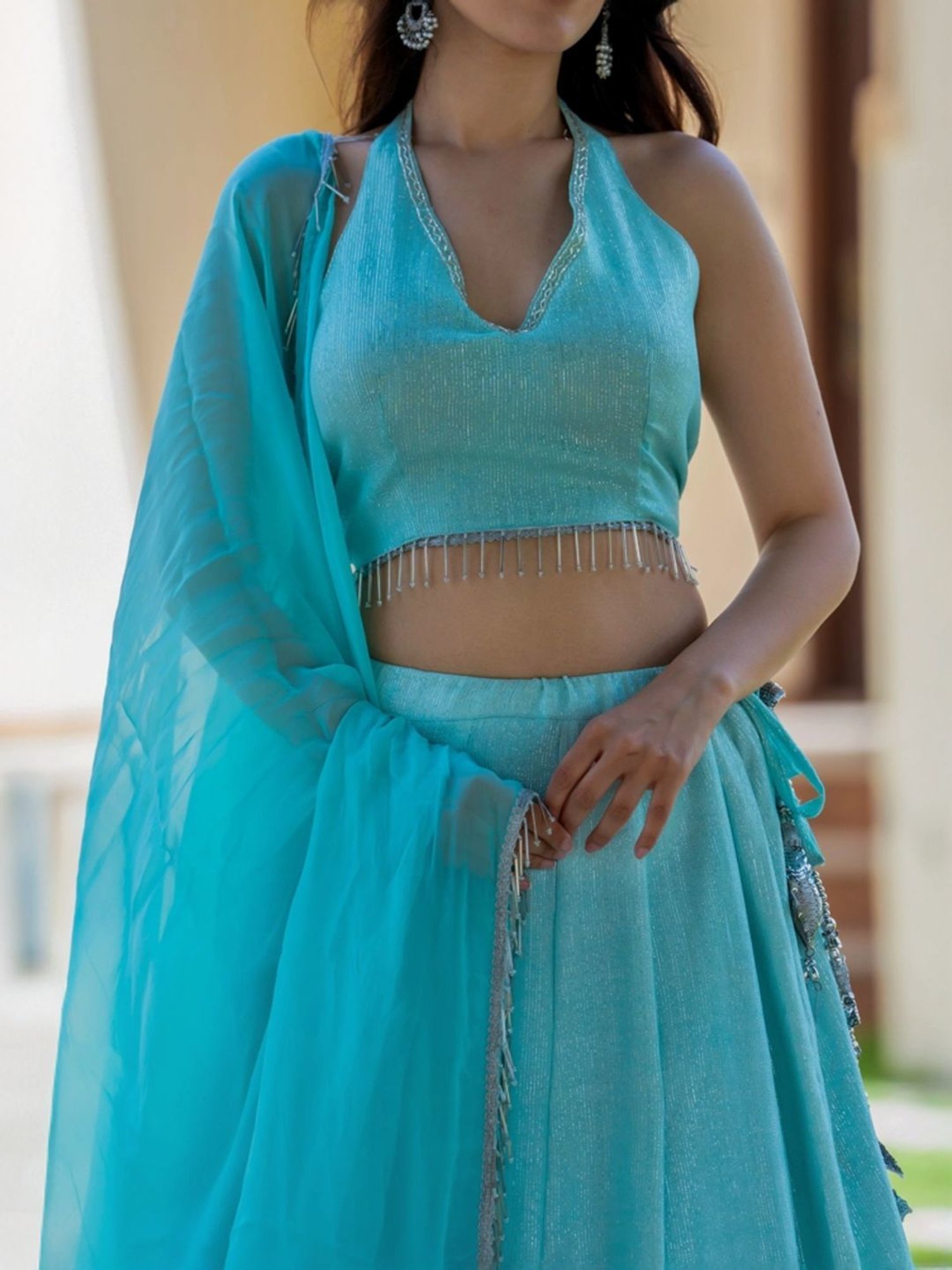 HOUSE OF JAMOTI Turquoise Embellished Lehenga Choli Set With Dupatta