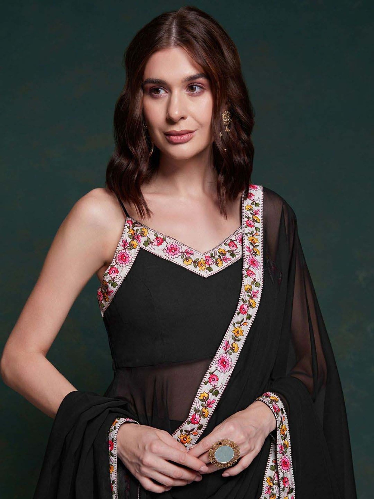 Odette Black Floral Print Kurta & Pant Set with Dupatta