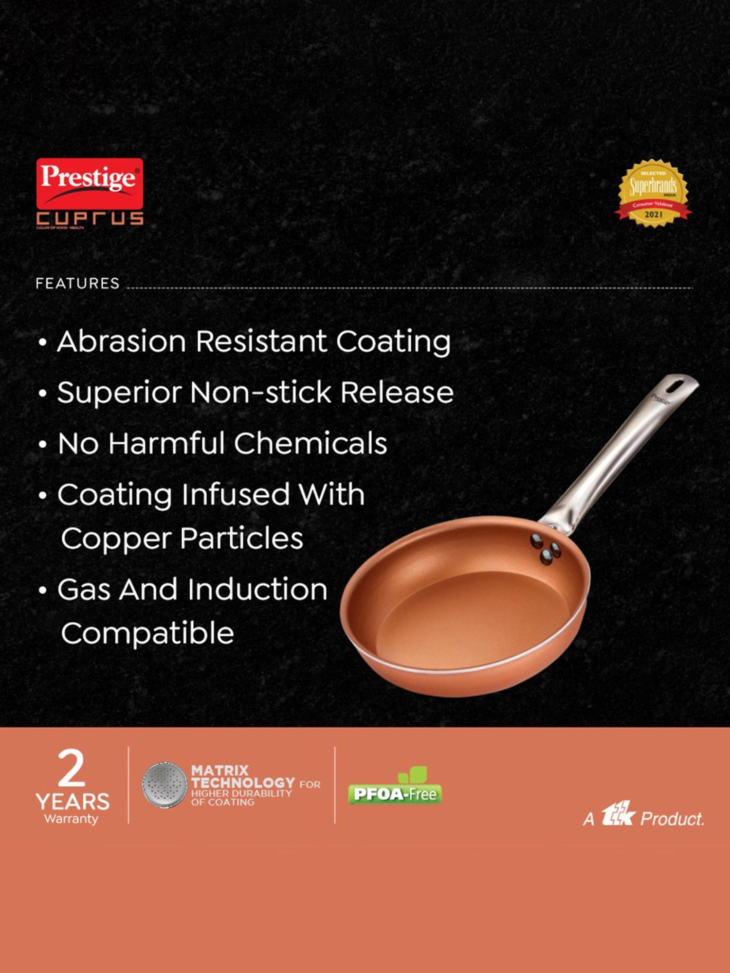 Prestige Cuprus Copper Aluminium Gas and Induction Compatible Non-Stick Fry Pan