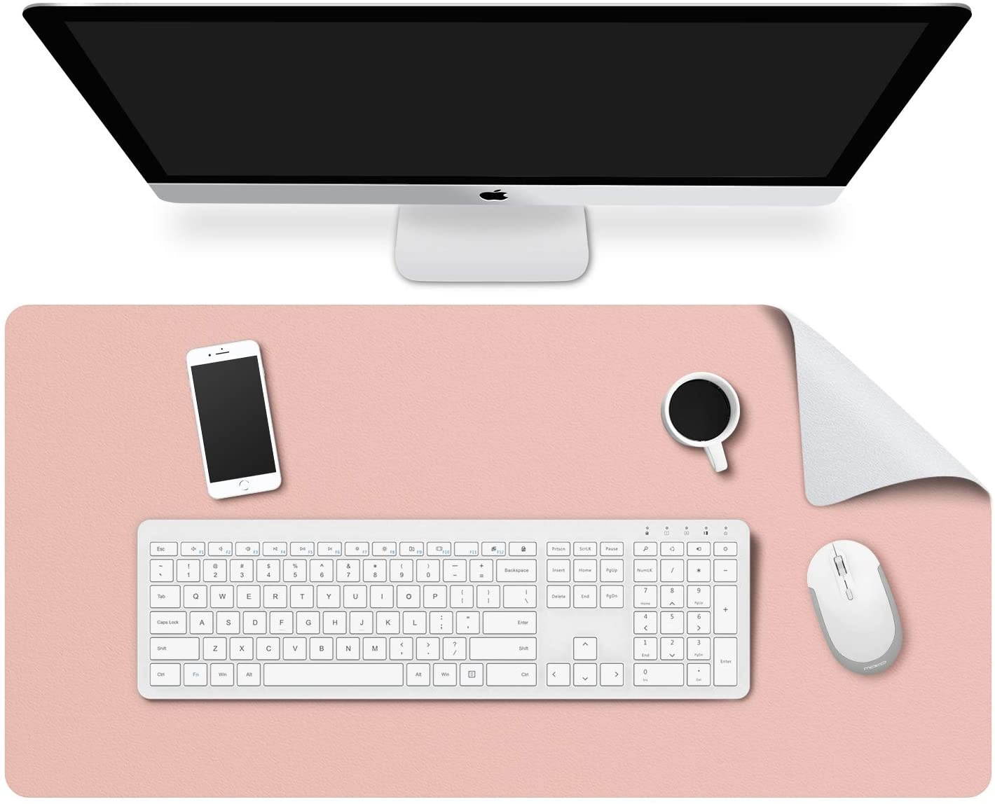 MoKo Computer Desk Mat - PU Large Extended Gaming Mouse Pad, Non-Slip Keyboard Mouse Mat, Waterproof Office Writing Desk Pad Protector, 31.5 x 15.7 x 0.08 Inch - Double Side Light Pink/Silvery Gray