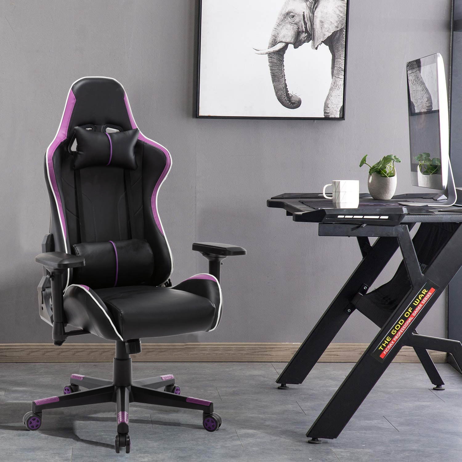 Gaming Chair, UHOMEPRO PU Leather High Back Computer Chair Office Chair, Home Desk Chair, PC Racing Chair, Executive Ergonomic Adjustable Task Chair with Headrest and Lumbar Support