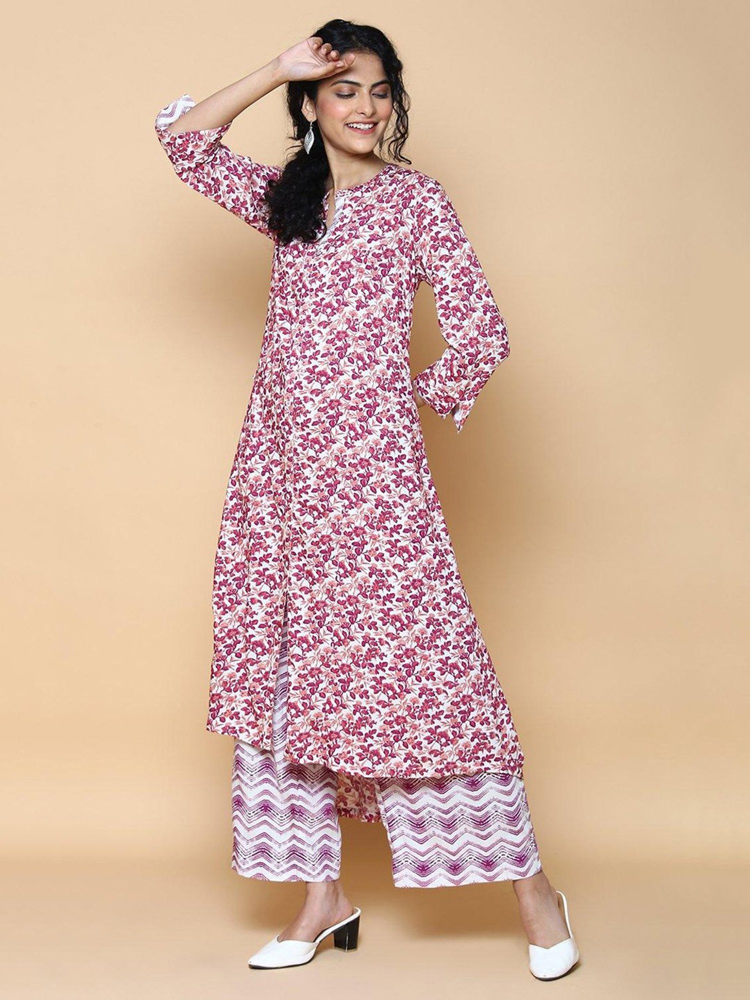 Biba White & Magenta Printed Kurta & Palazzo Set
