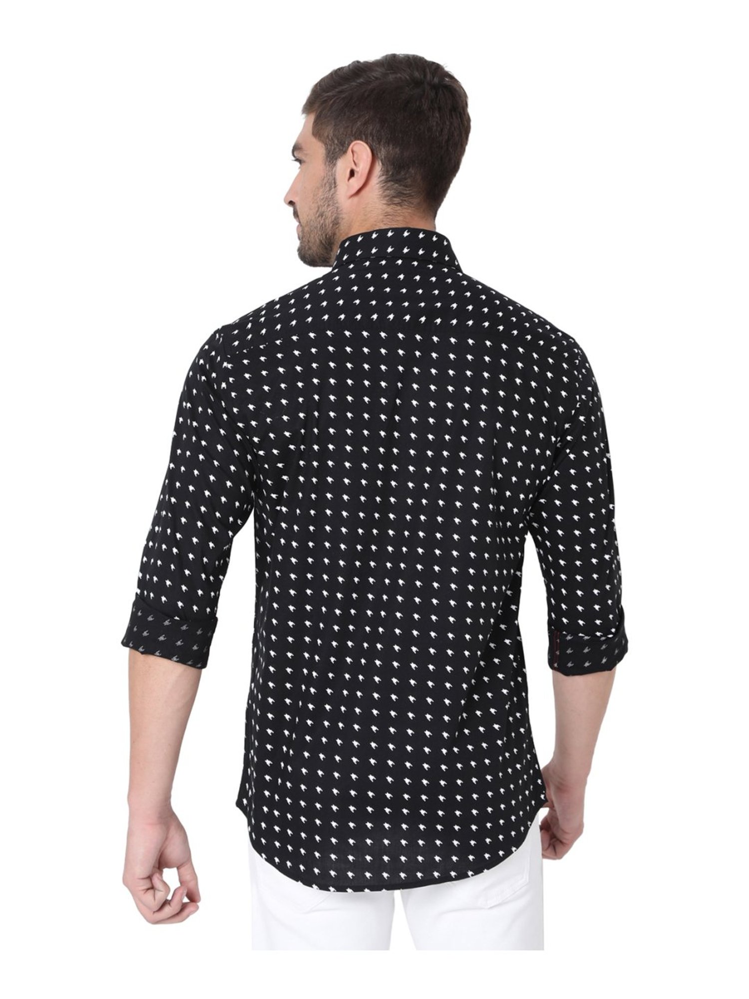 Mufti Black Cotton Slim Fit Printed Shirt