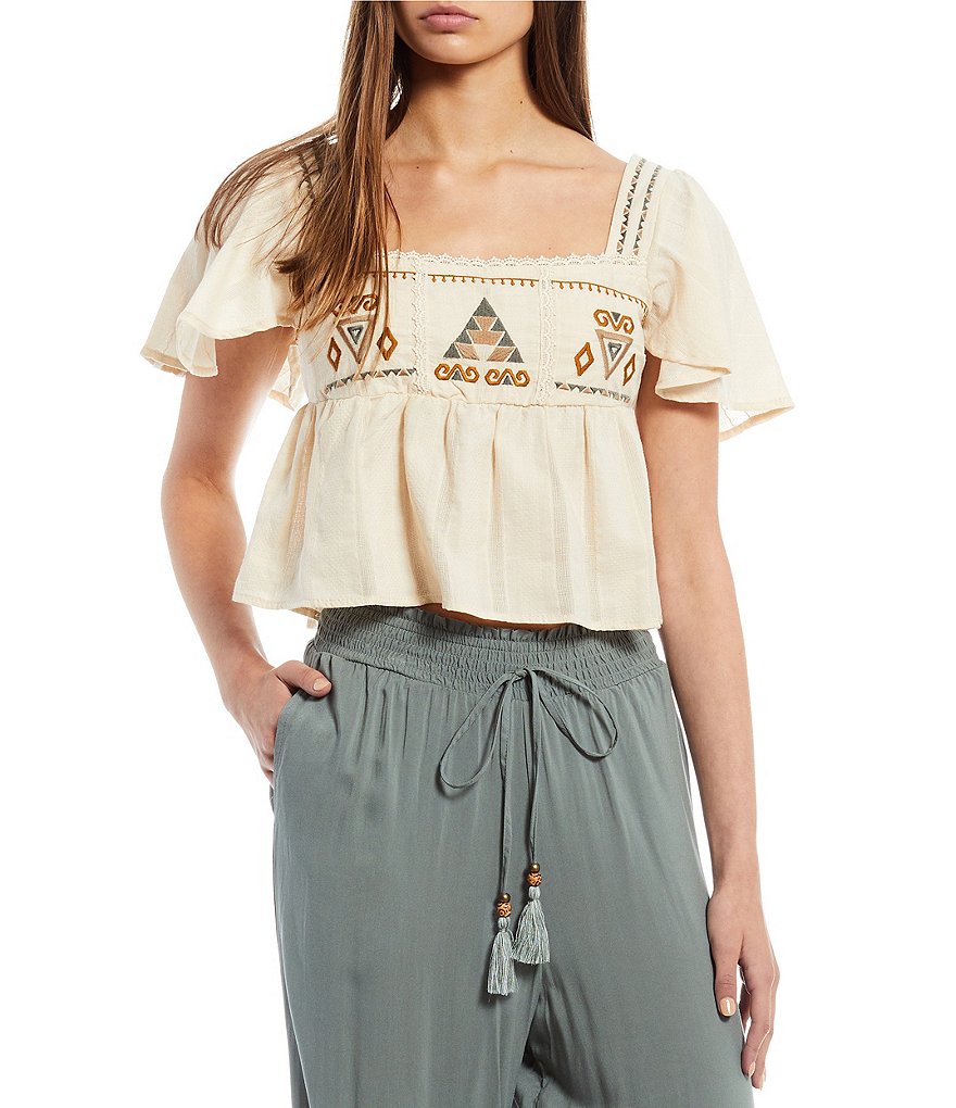 Coco + Jaimeson Ruffled Short-Sleeve Placement Embroidered Babydoll Top