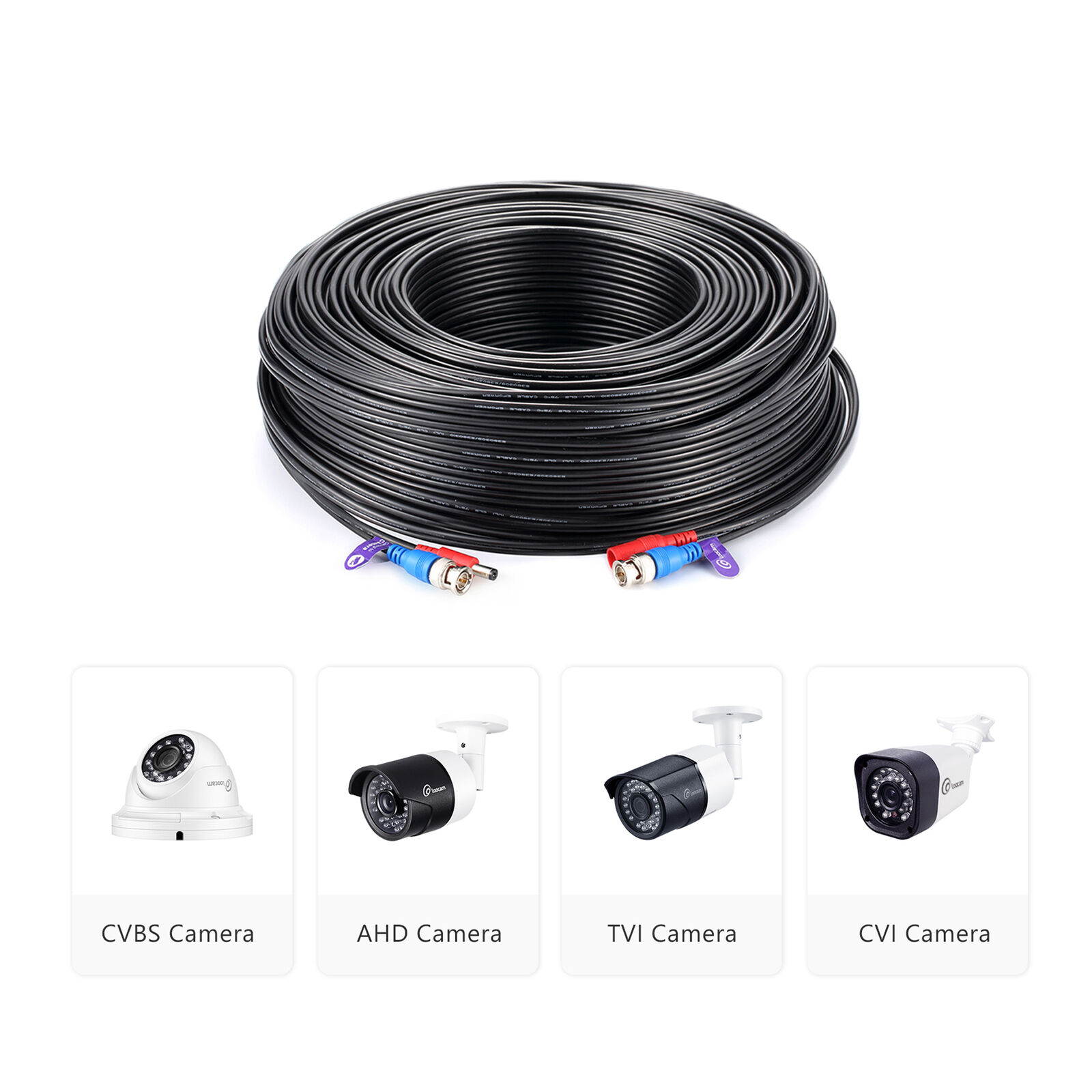 Loocam CCTV Security Camera BNC Cable 300ft Wire Cord Video Power Cable Black