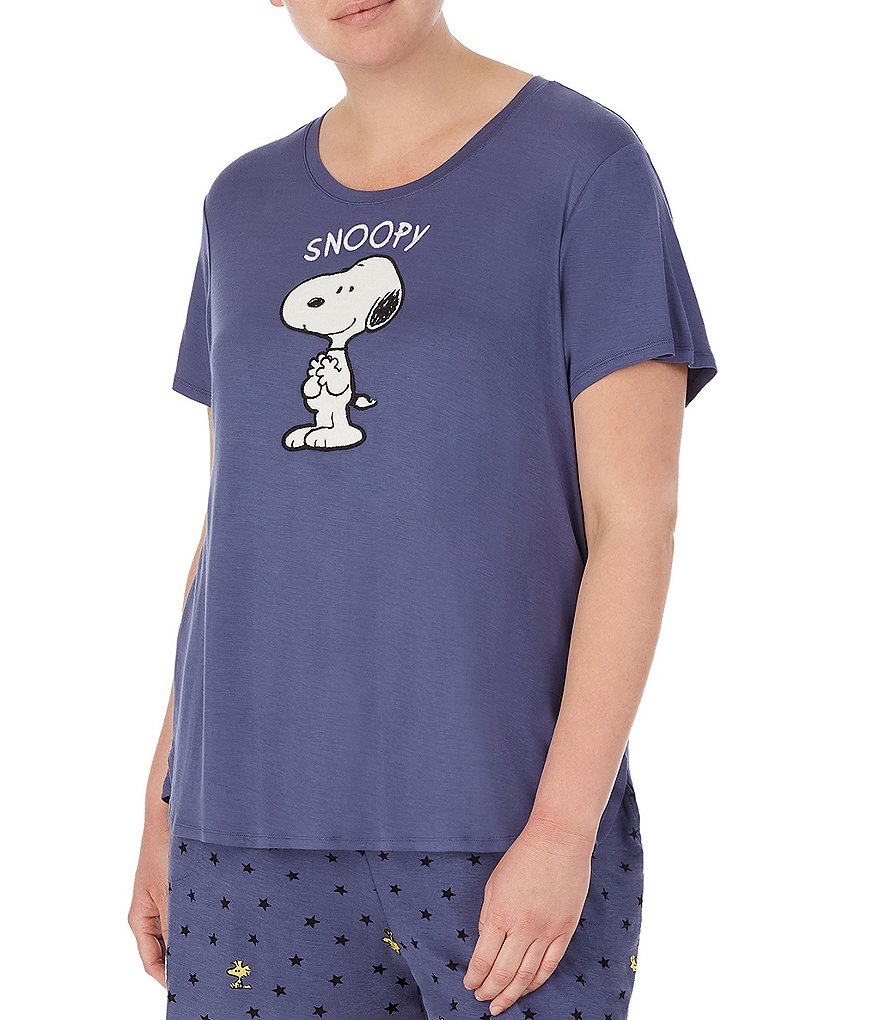 Peanuts Plus Snoopy Appliqued Solid Jersey Knit Sleep Tee